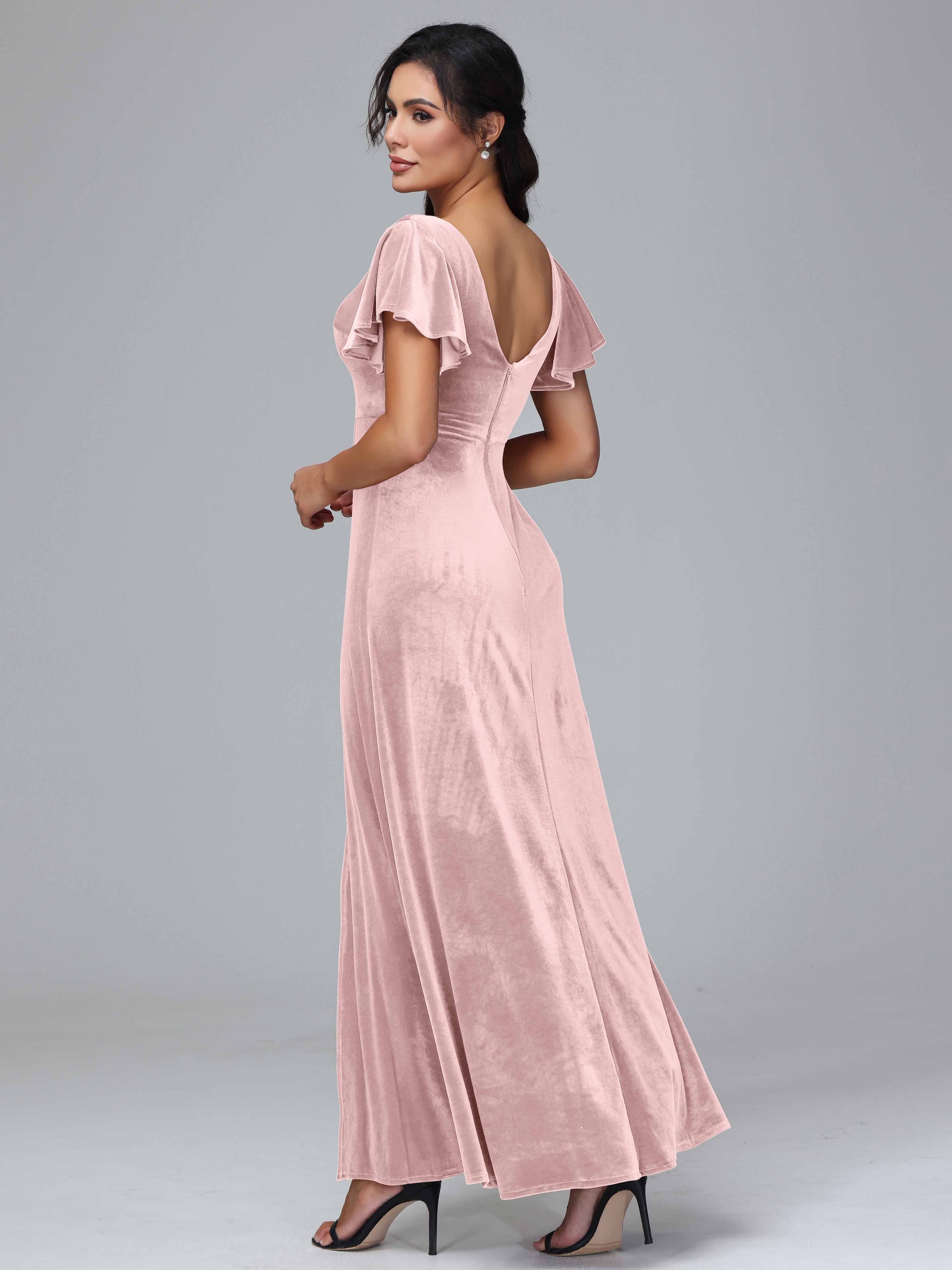 Short Sleeves Long Velvet Bridesmaid Dresses With Split