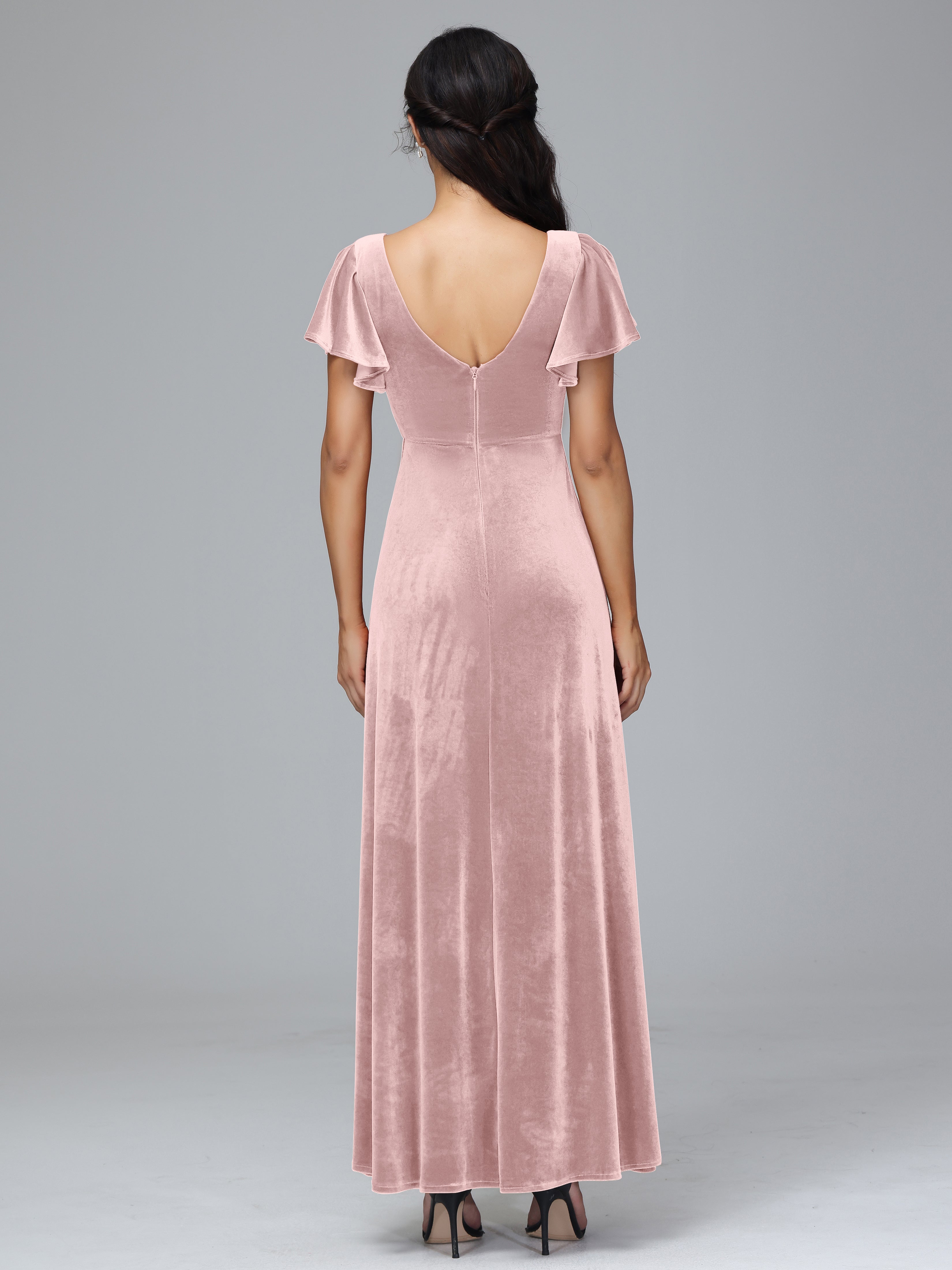 Short Sleeves Long Velvet Bridesmaid Dresses With Split