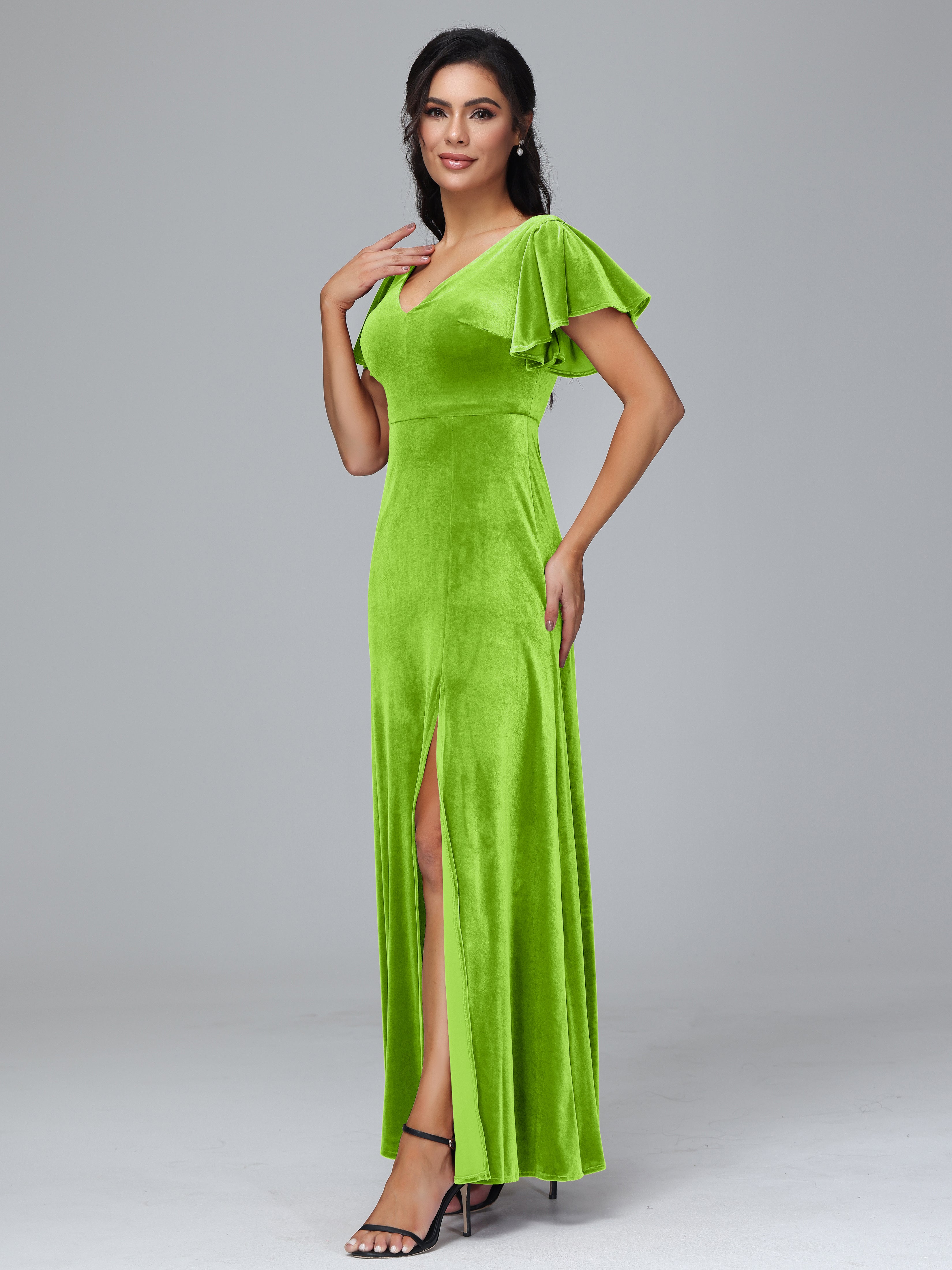 Short Sleeves Long Velvet Bridesmaid Dresses With Split