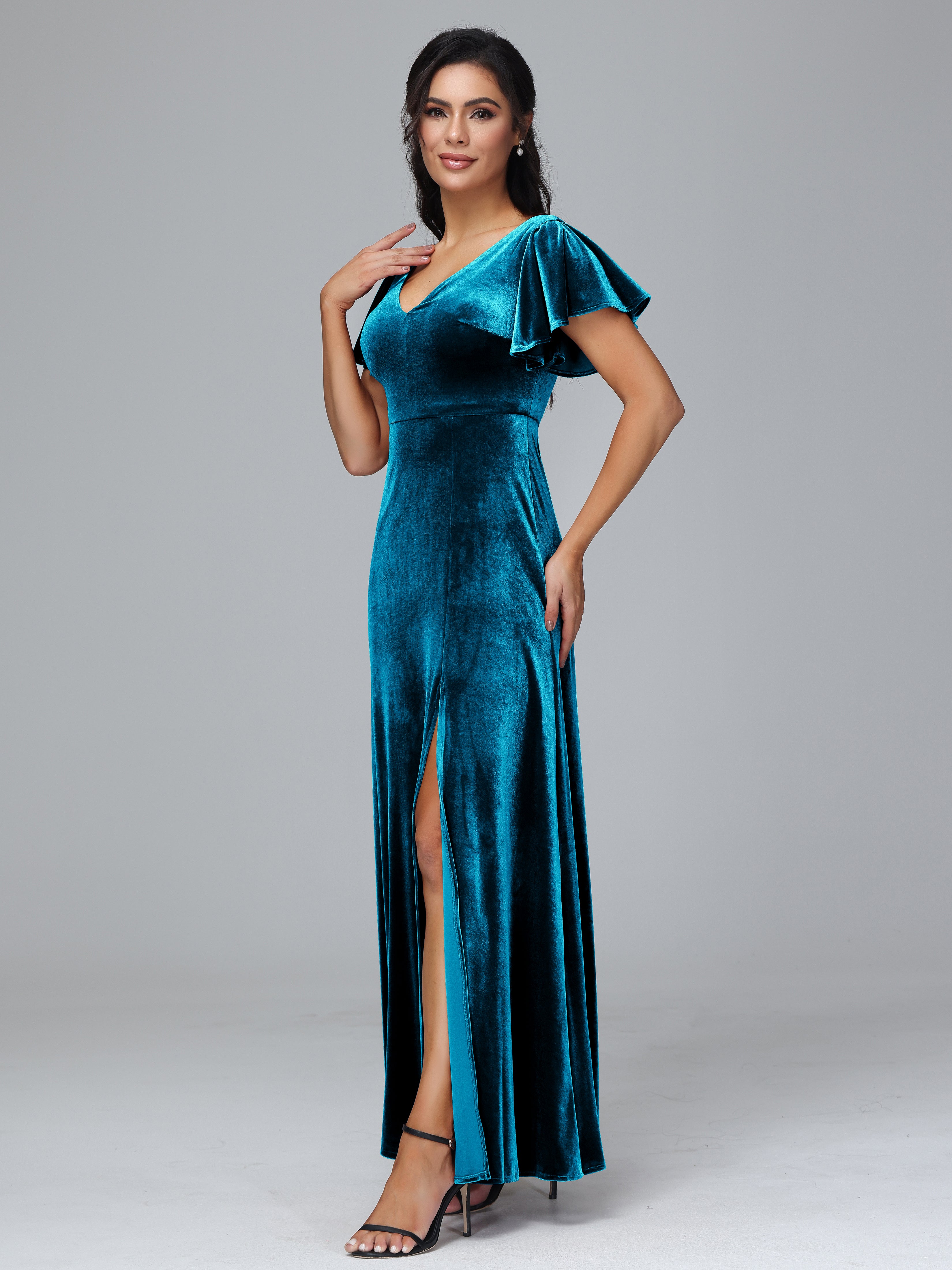 Short Sleeves Long Velvet Bridesmaid Dresses With Split