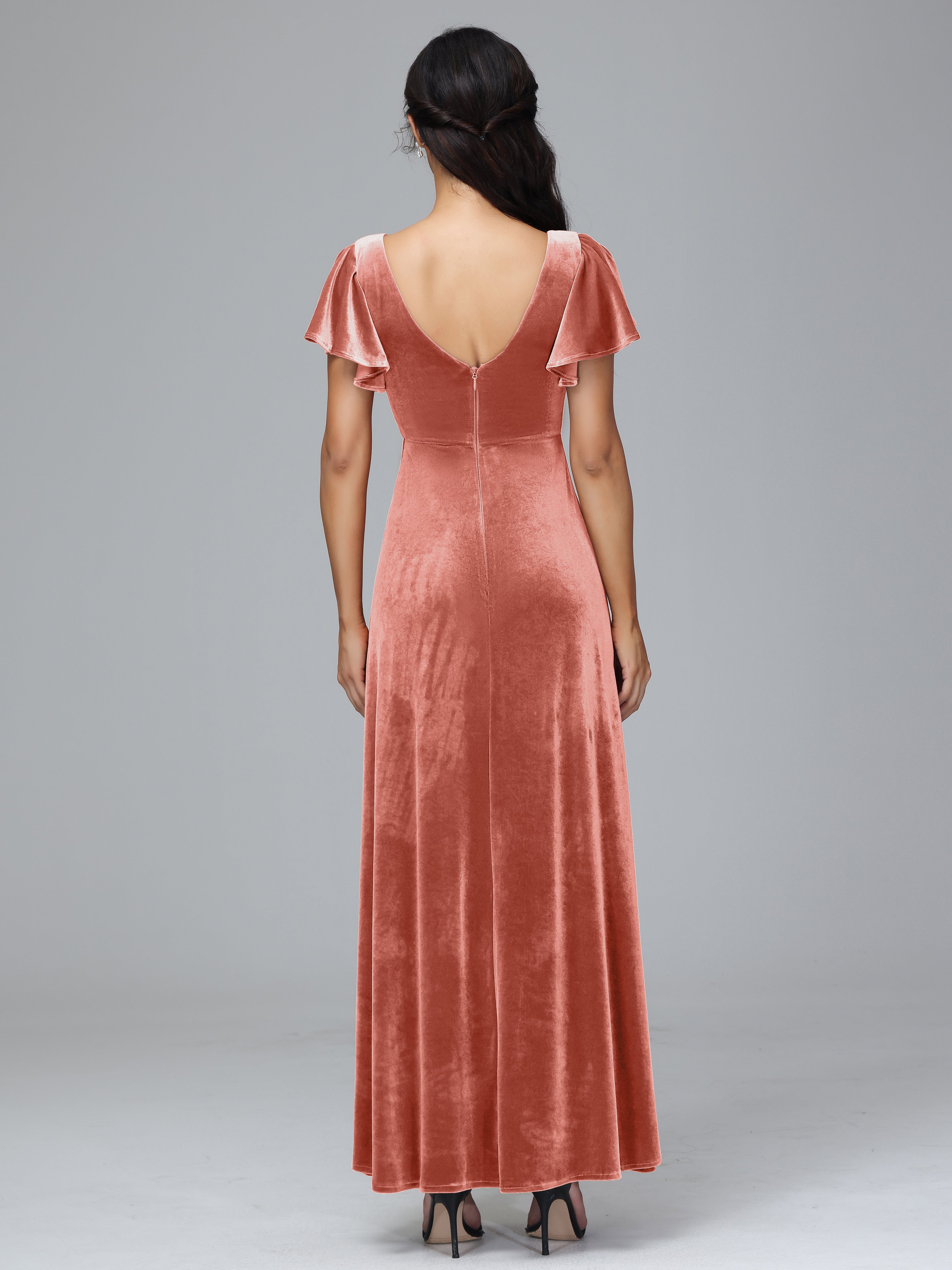 Short Sleeves Long Velvet Bridesmaid Dresses With Split