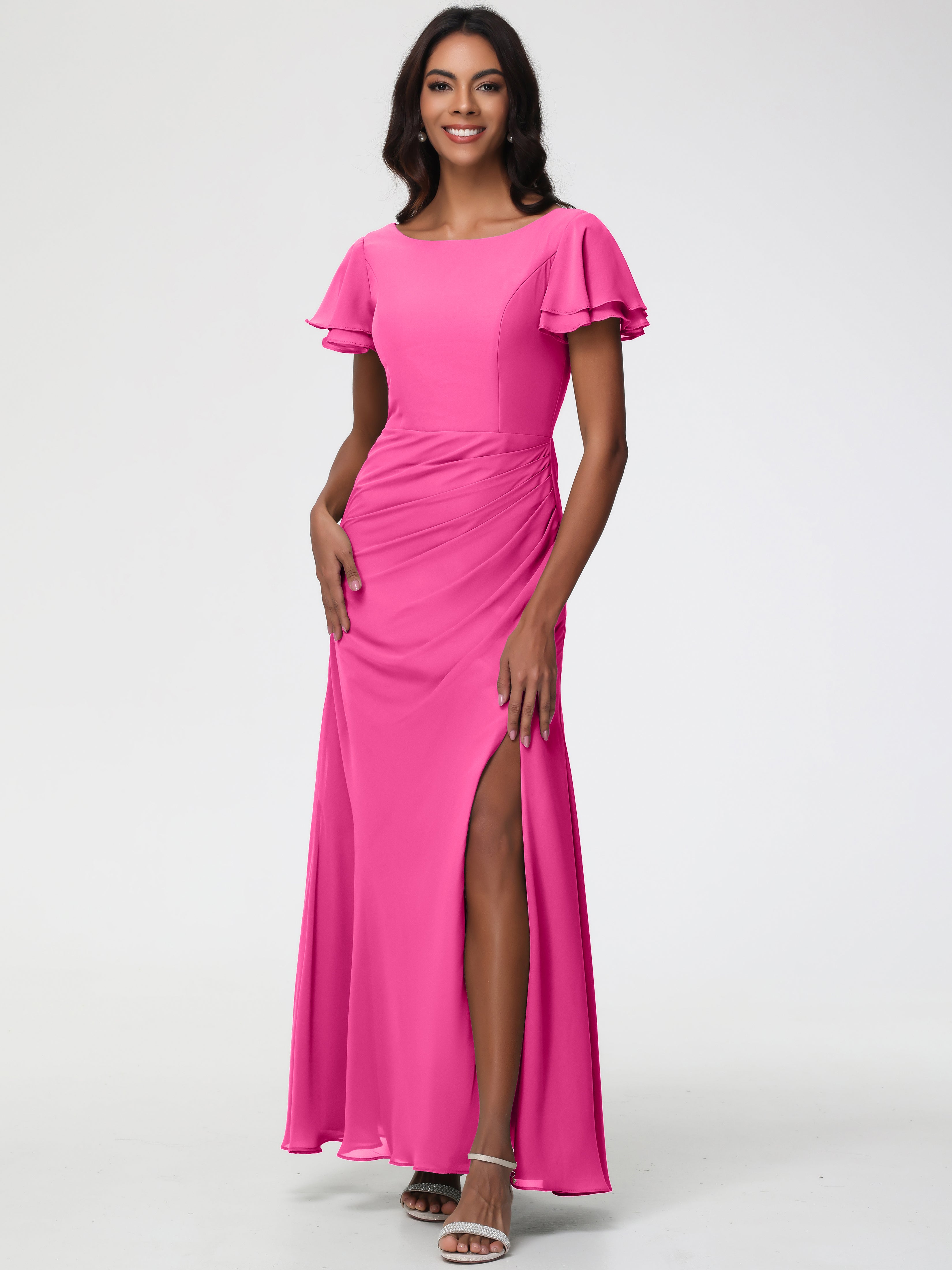 Sheath/Column Short Sleeves Split Long Chiffon Bridesmaid Dresses