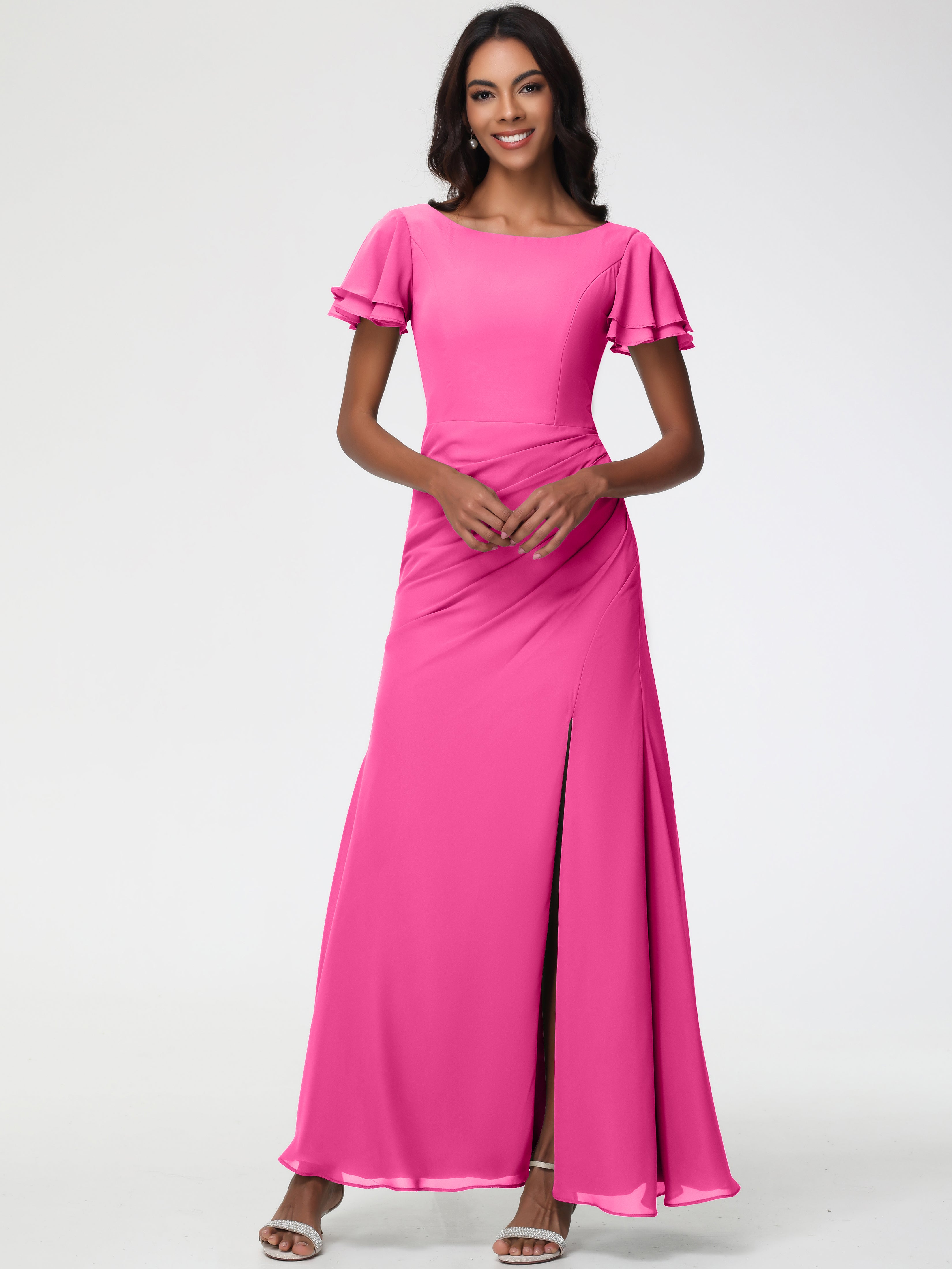 Sheath/Column Short Sleeves Split Long Chiffon Bridesmaid Dresses