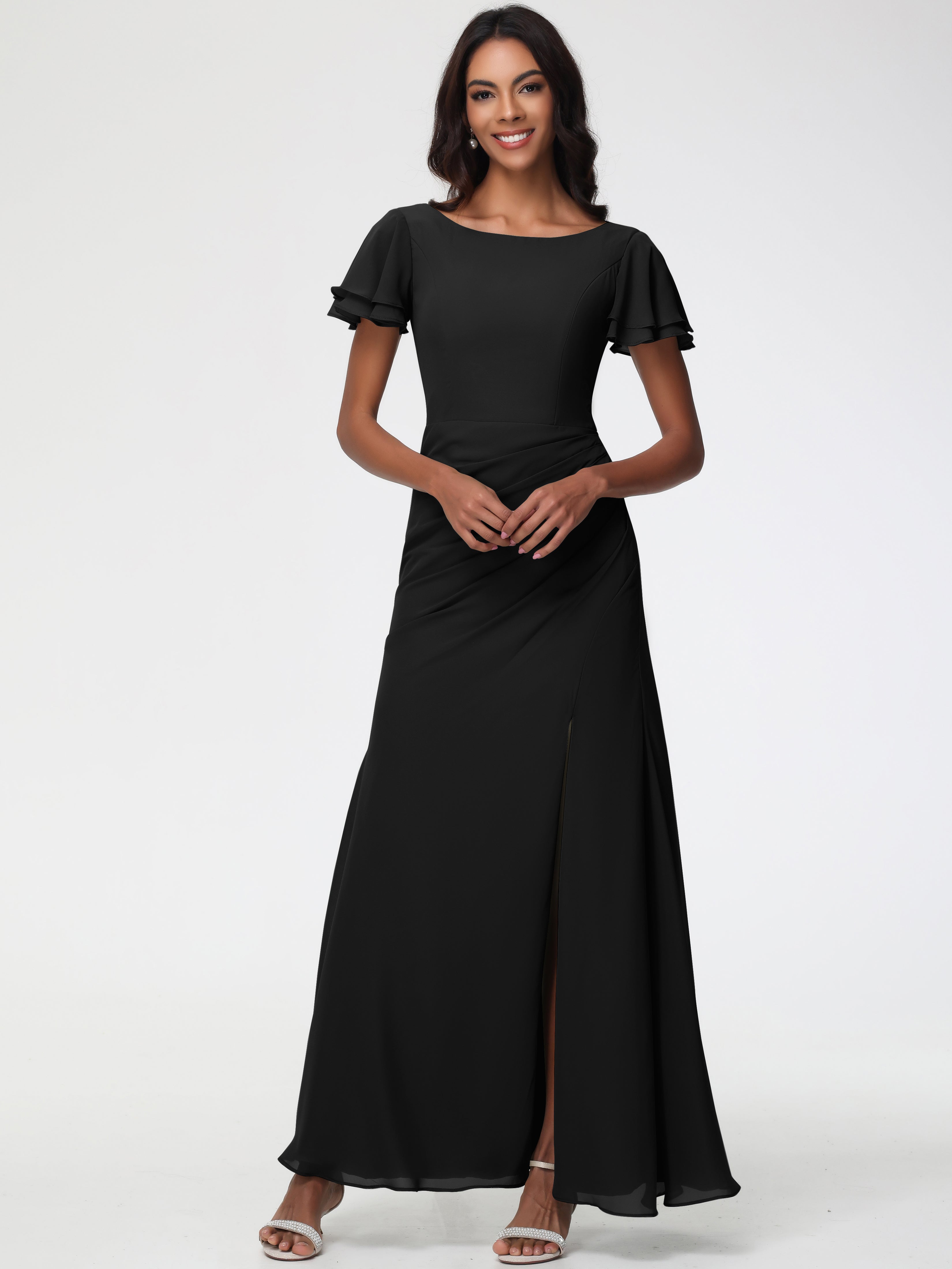 Sheath/Column Short Sleeves Split Long Chiffon Bridesmaid Dresses