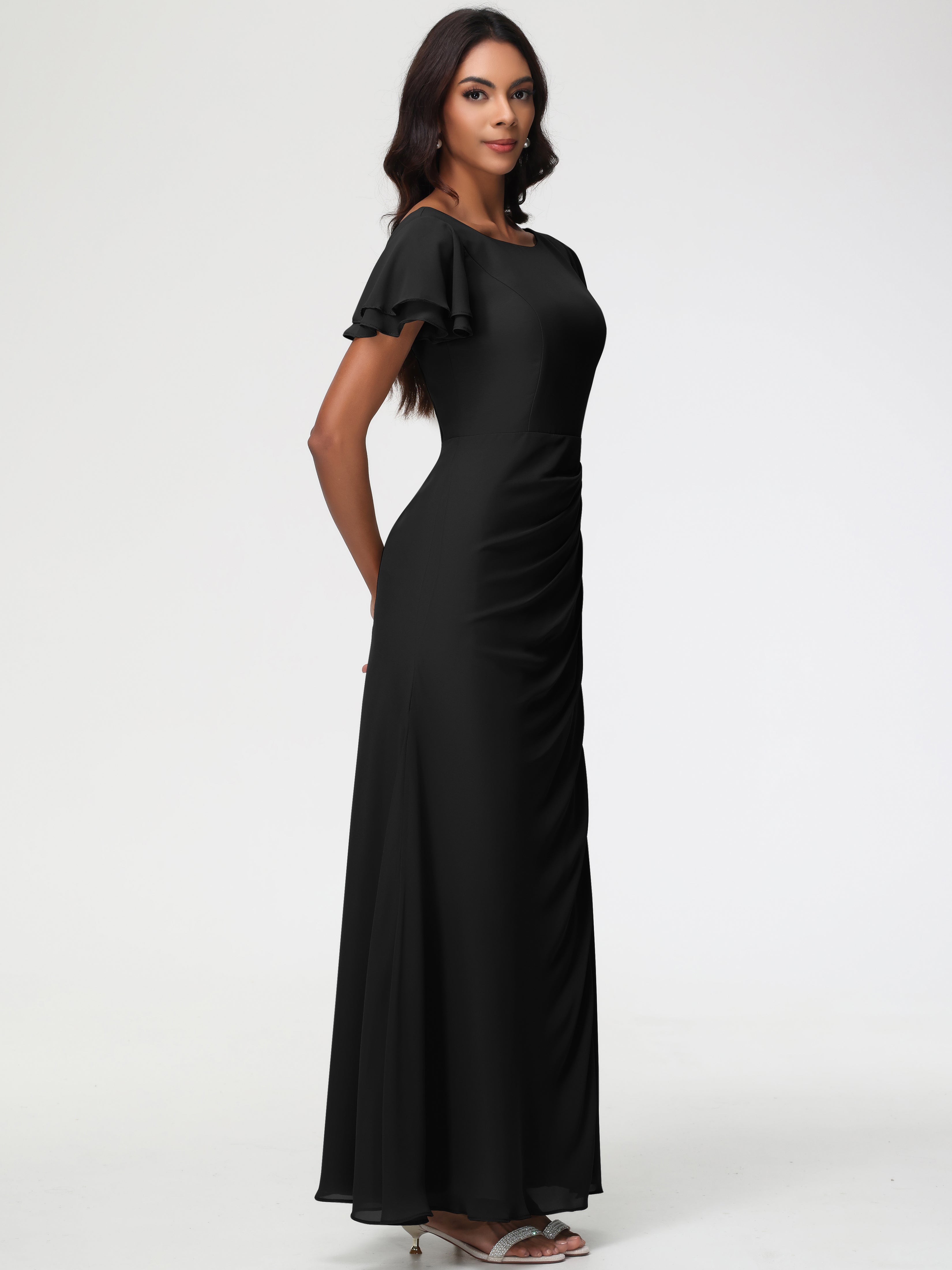 Sheath/Column Short Sleeves Split Long Chiffon Bridesmaid Dresses