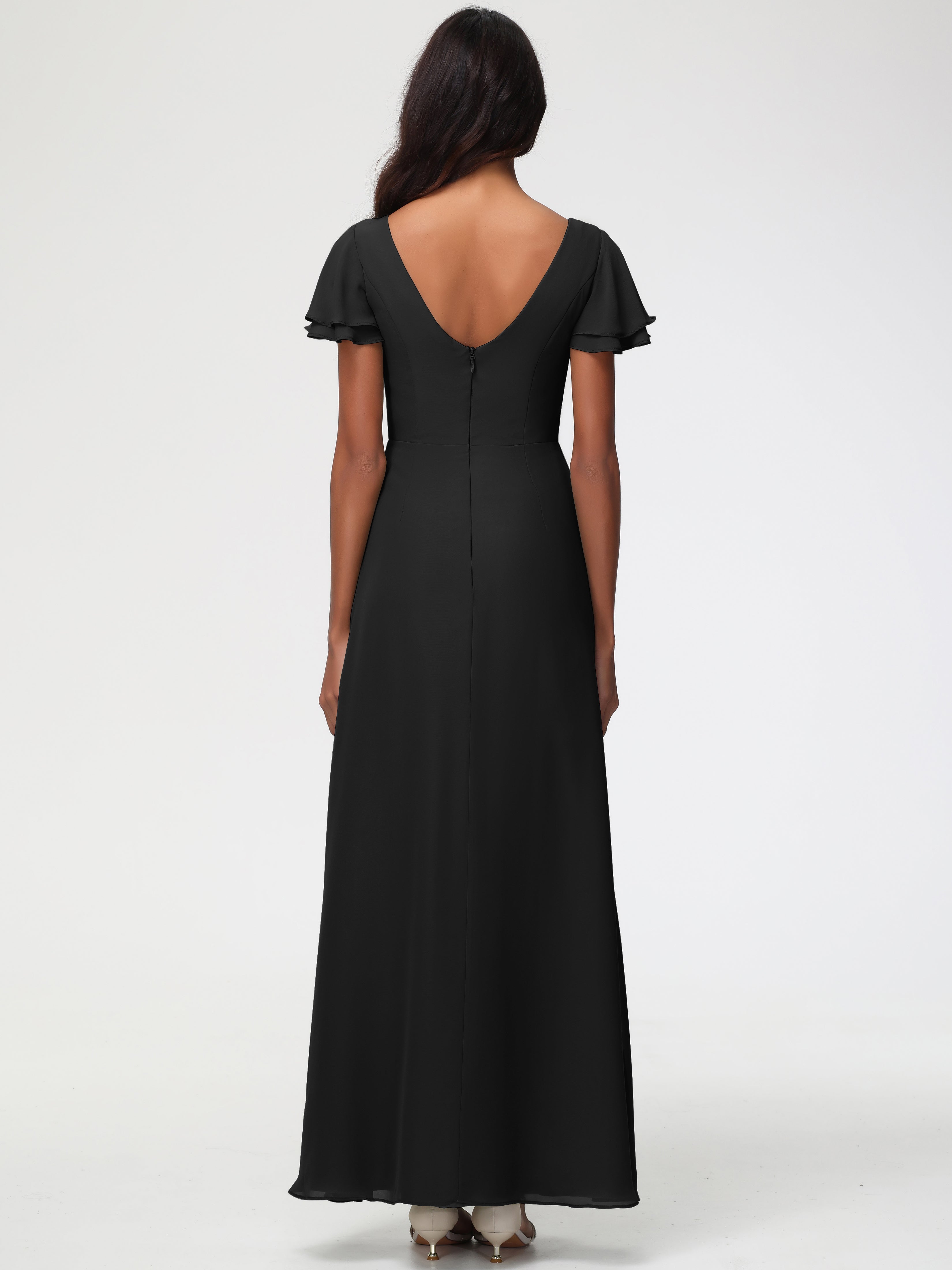 Sheath/Column Short Sleeves Split Long Chiffon Bridesmaid Dresses