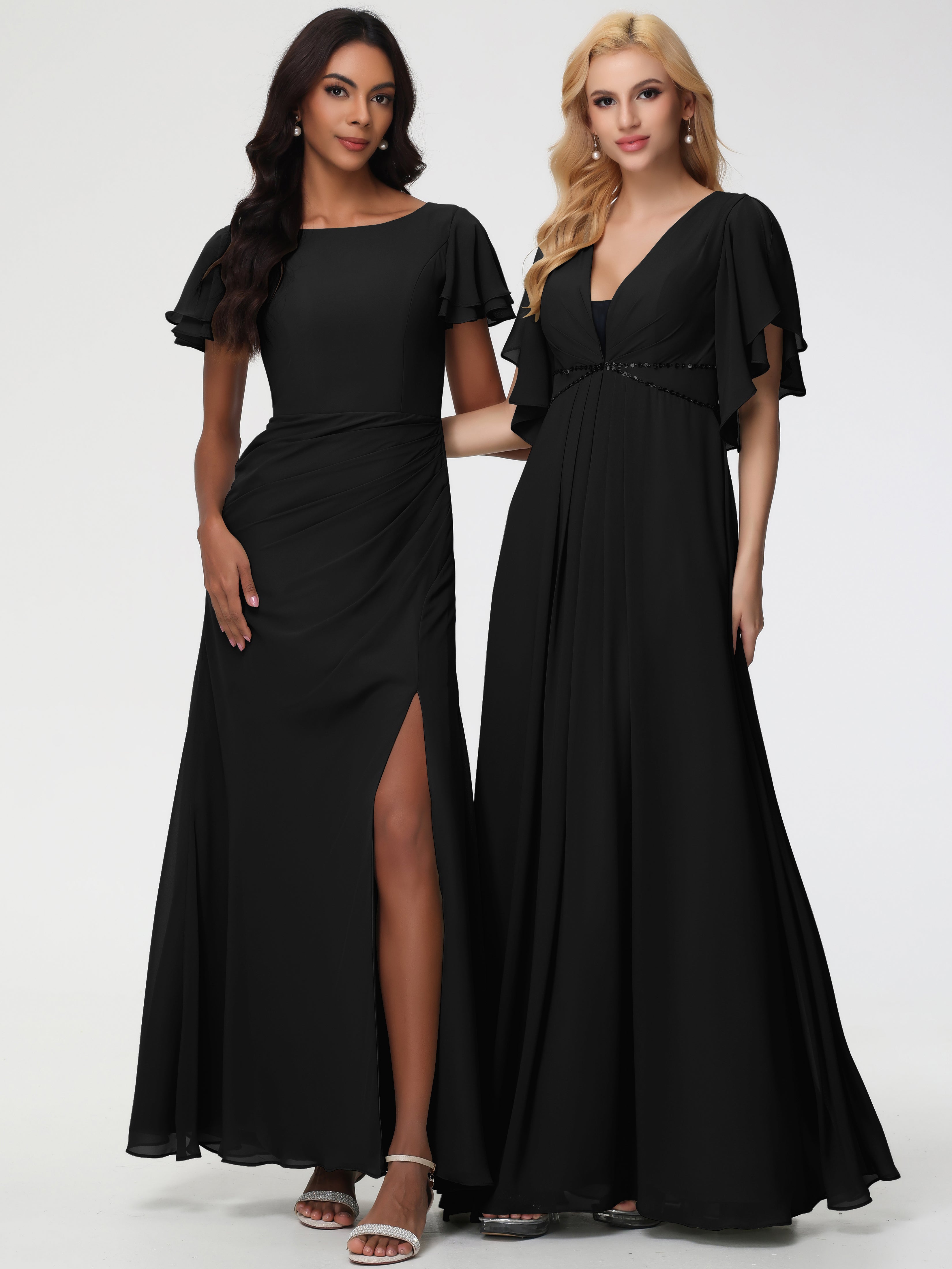 Sheath/Column Short Sleeves Split Long Chiffon Bridesmaid Dresses