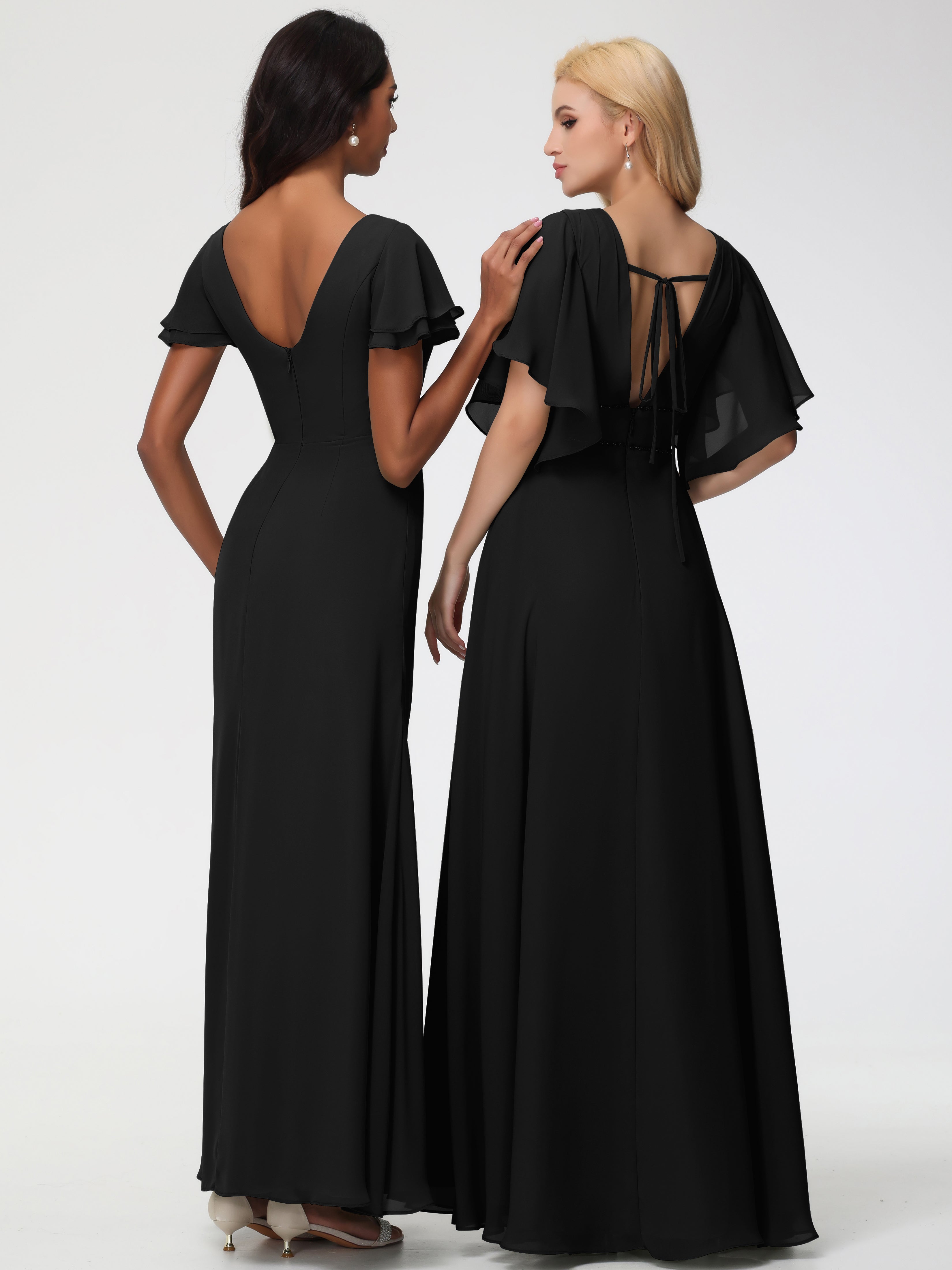 Sheath/Column Short Sleeves Split Long Chiffon Bridesmaid Dresses