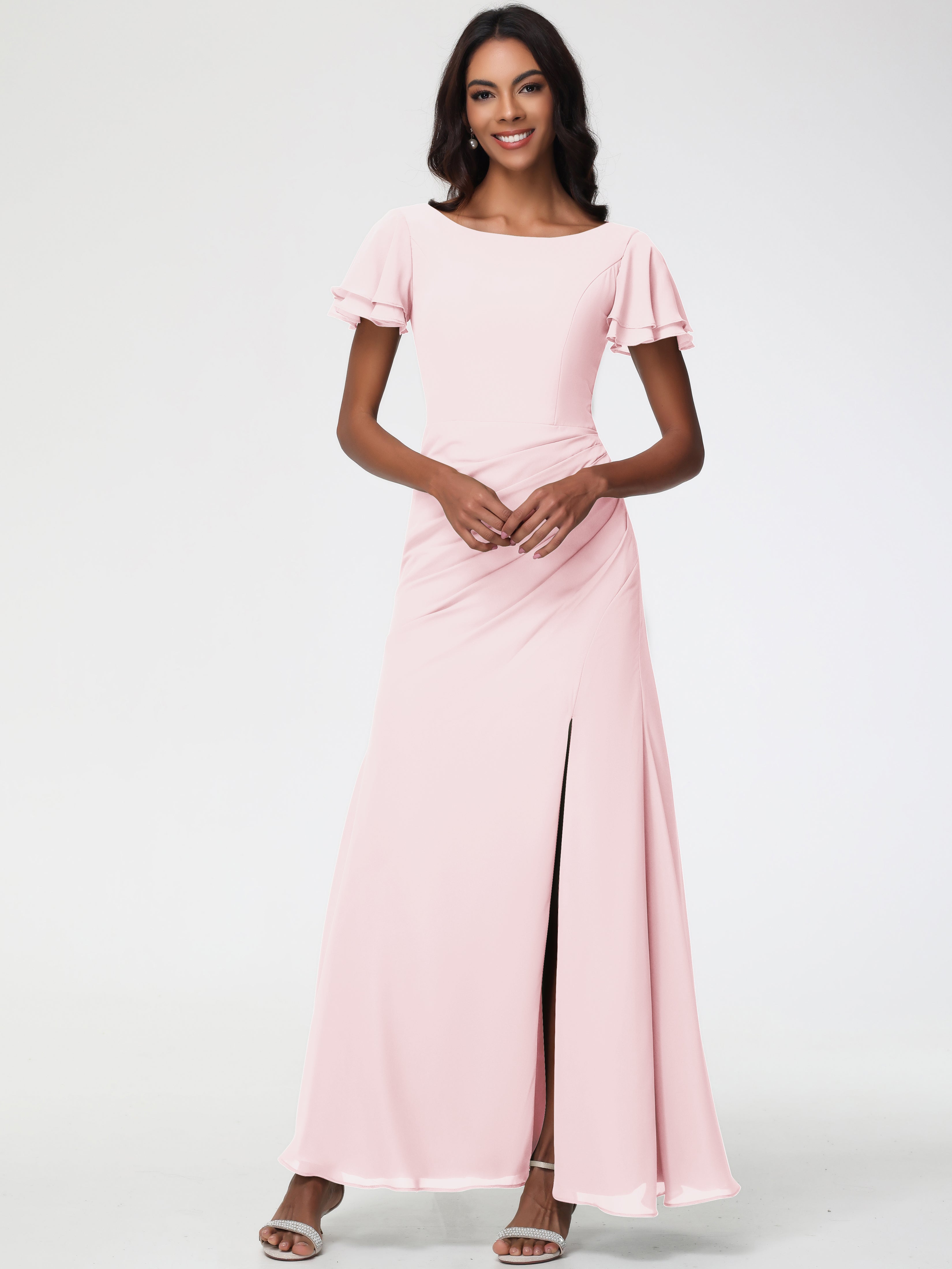 Sheath/Column Short Sleeves Split Long Chiffon Bridesmaid Dresses