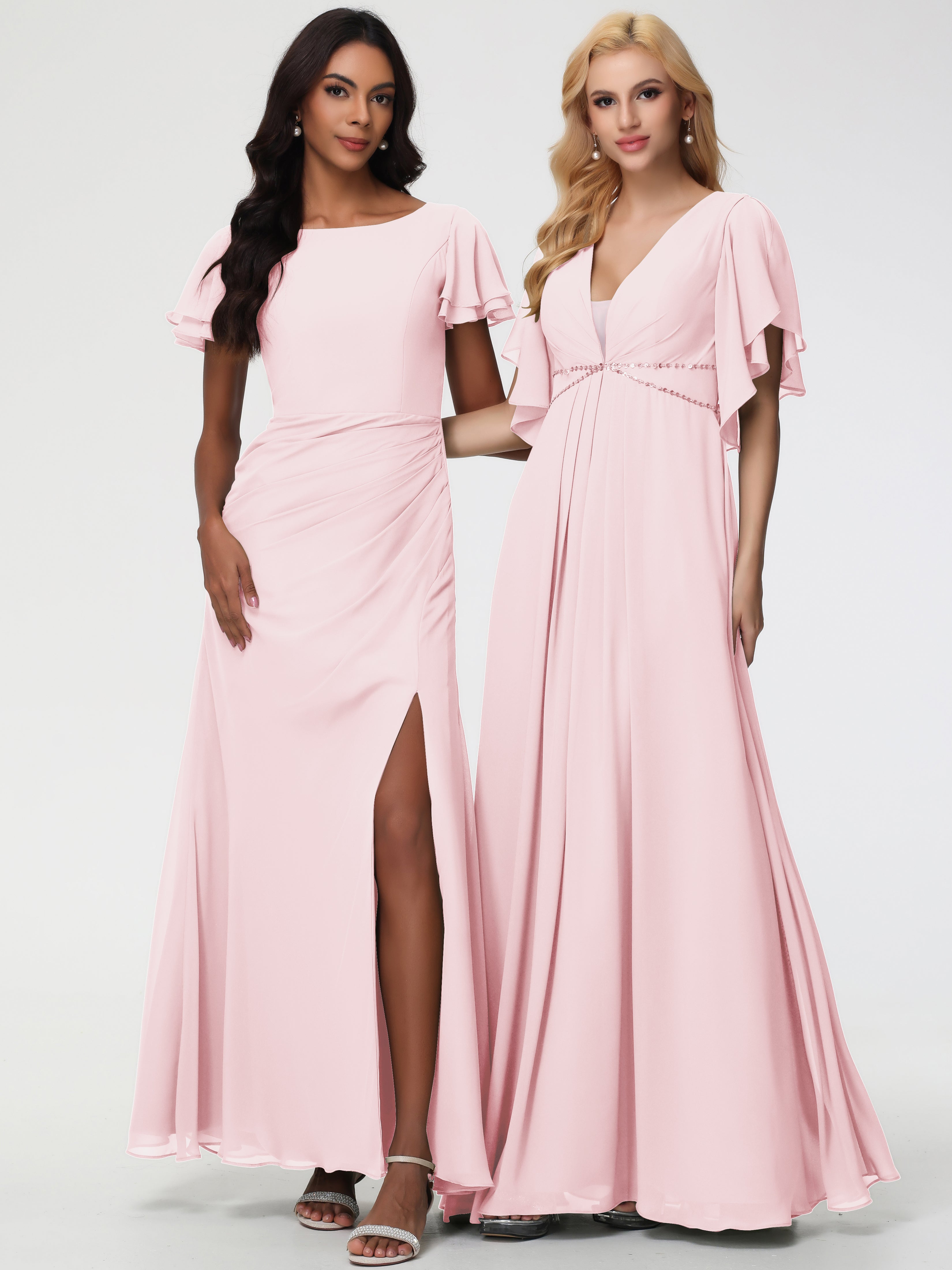 Sheath/Column Short Sleeves Split Long Chiffon Bridesmaid Dresses