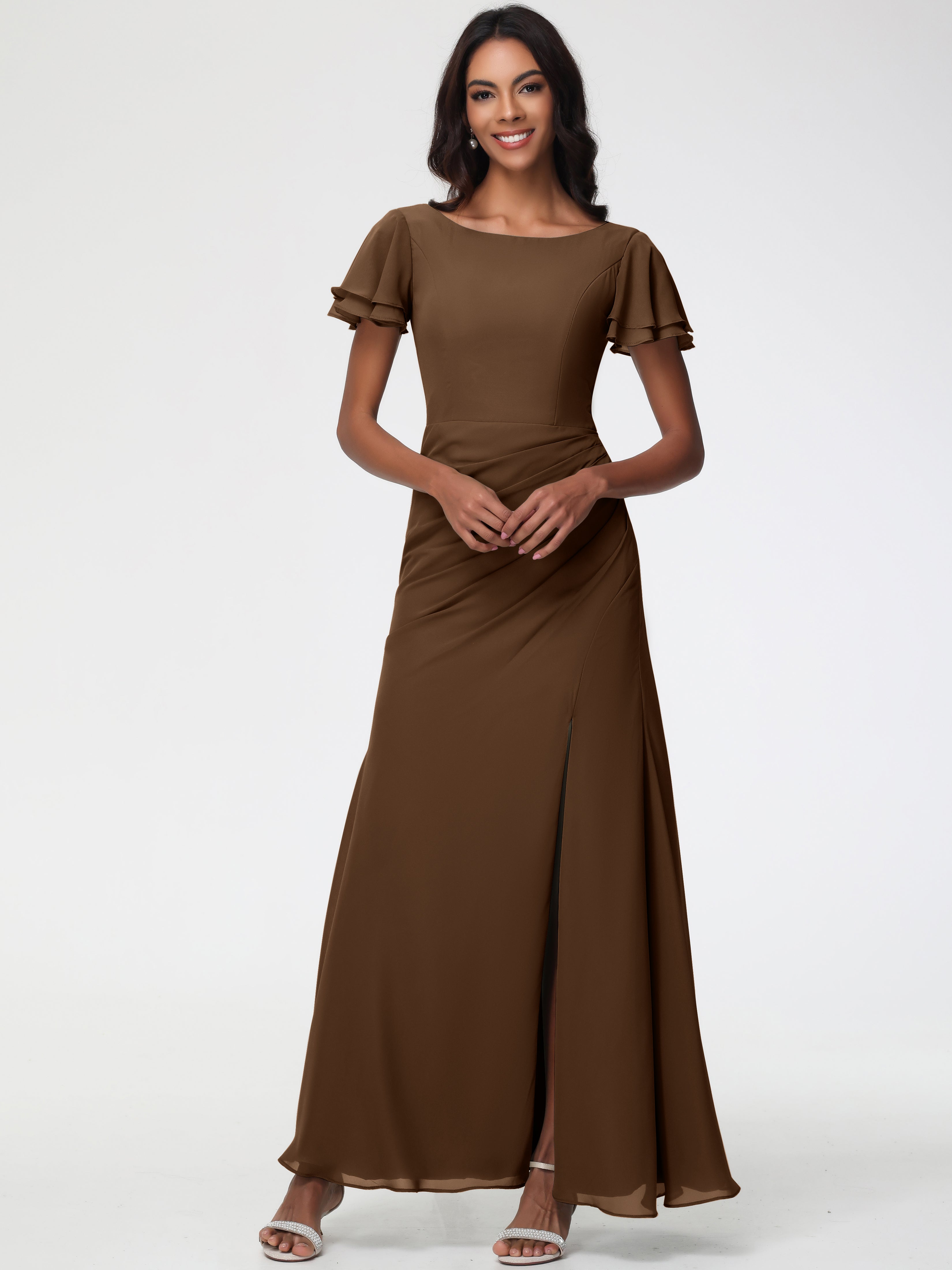 Sheath/Column Short Sleeves Split Long Chiffon Bridesmaid Dresses