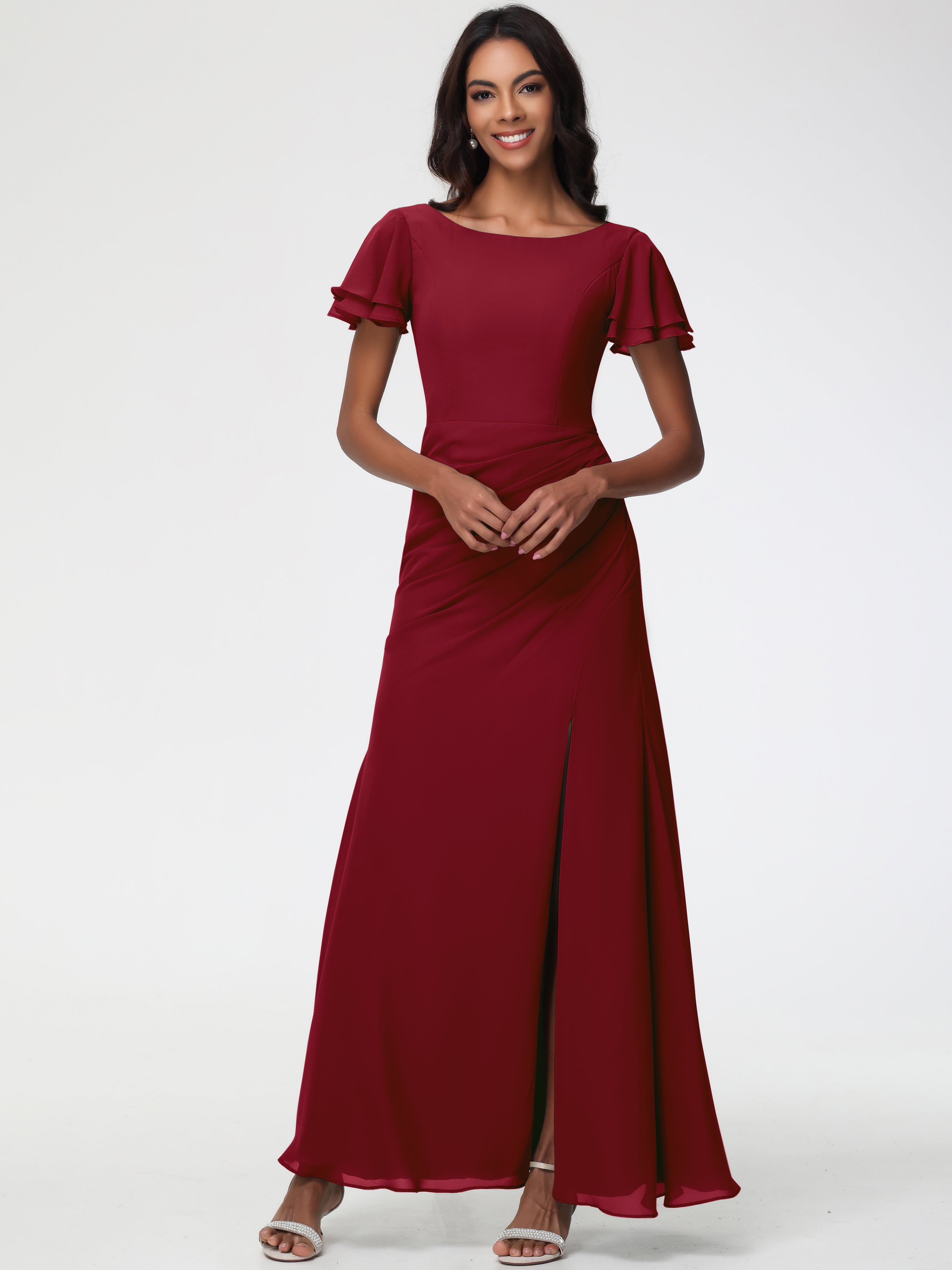 Sheath/Column Short Sleeves Split Long Chiffon Bridesmaid Dresses