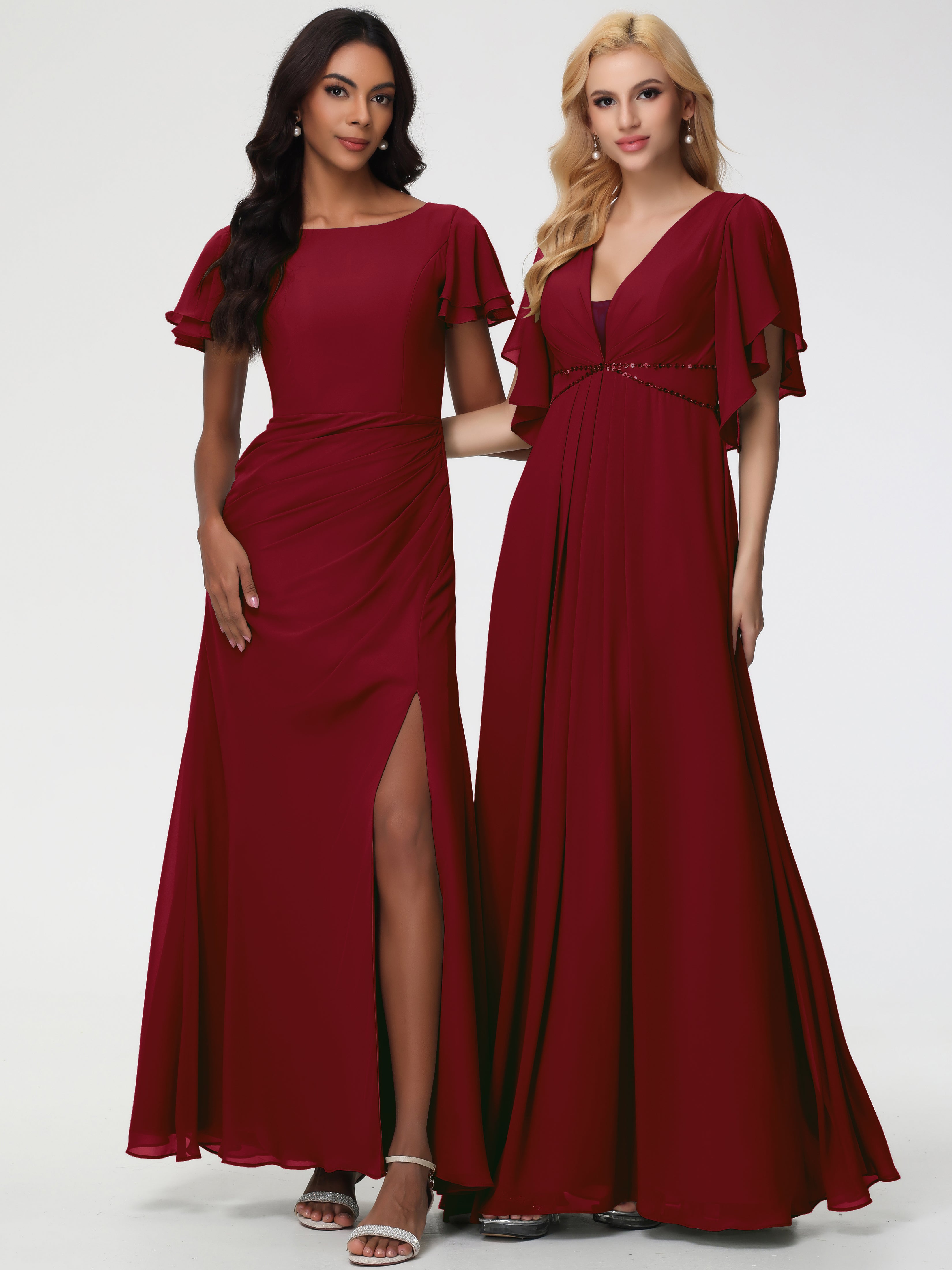 Sheath/Column Short Sleeves Split Long Chiffon Bridesmaid Dresses