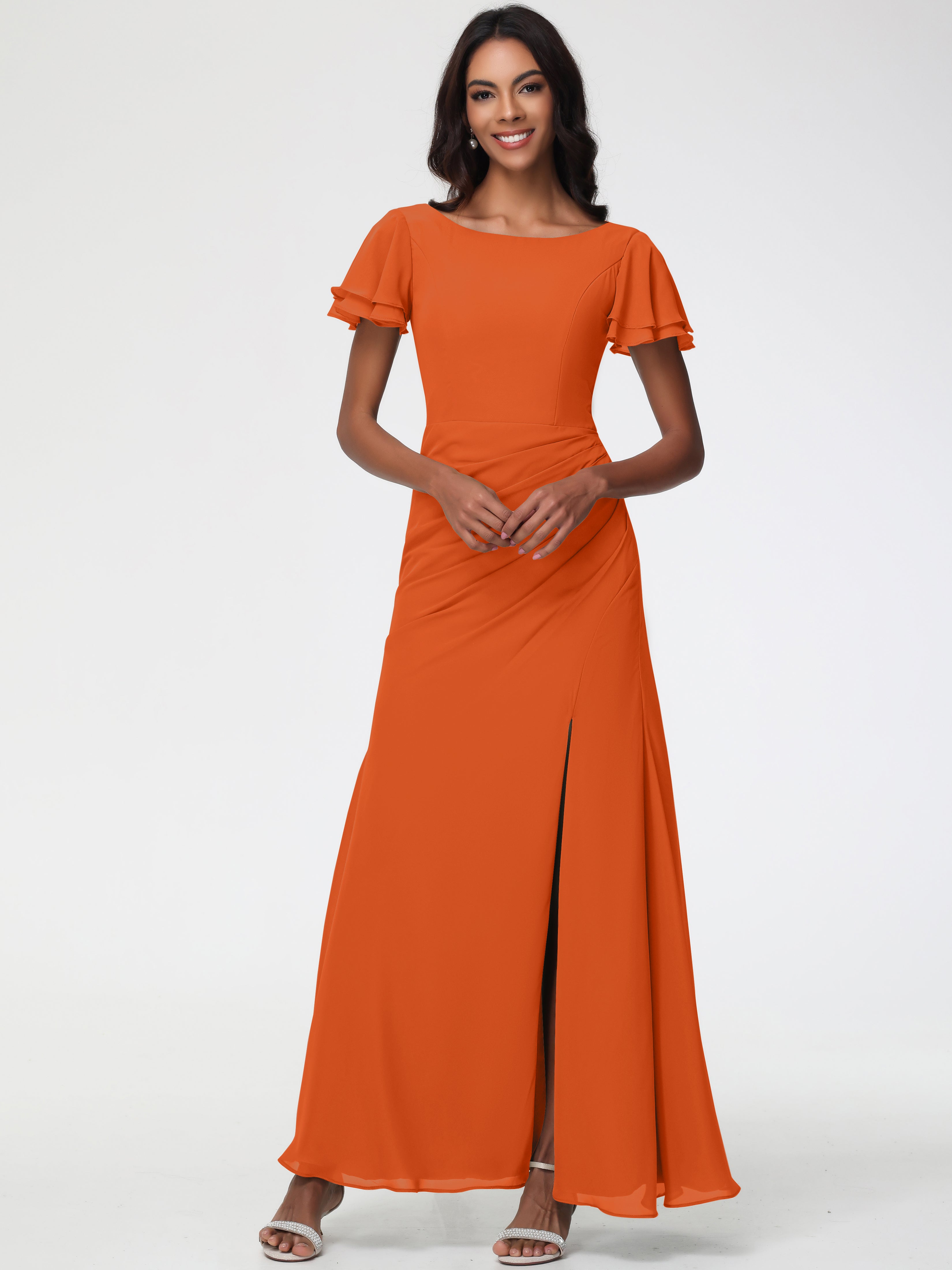 Sheath/Column Short Sleeves Split Long Chiffon Bridesmaid Dresses