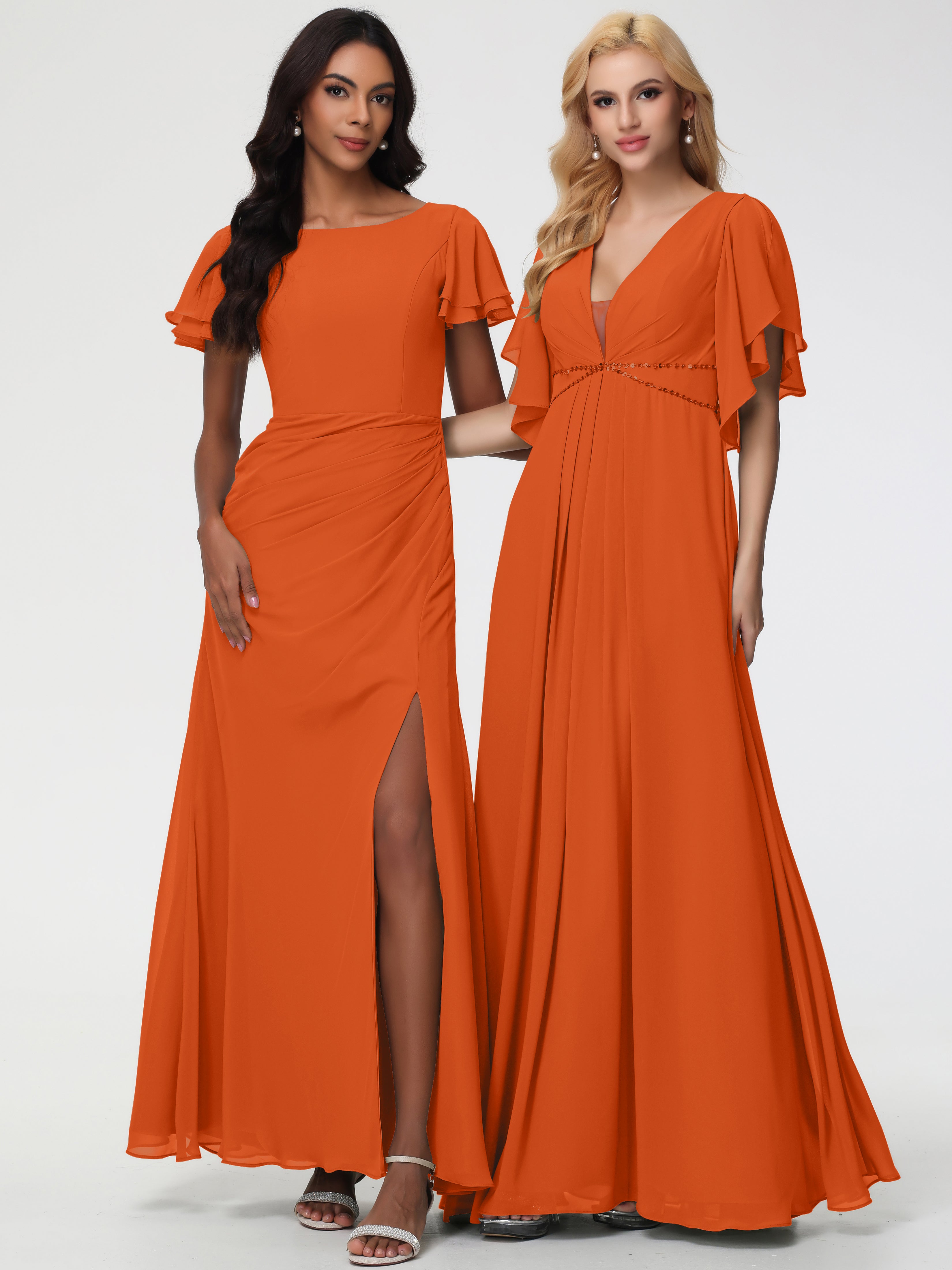 Sheath/Column Short Sleeves Split Long Chiffon Bridesmaid Dresses
