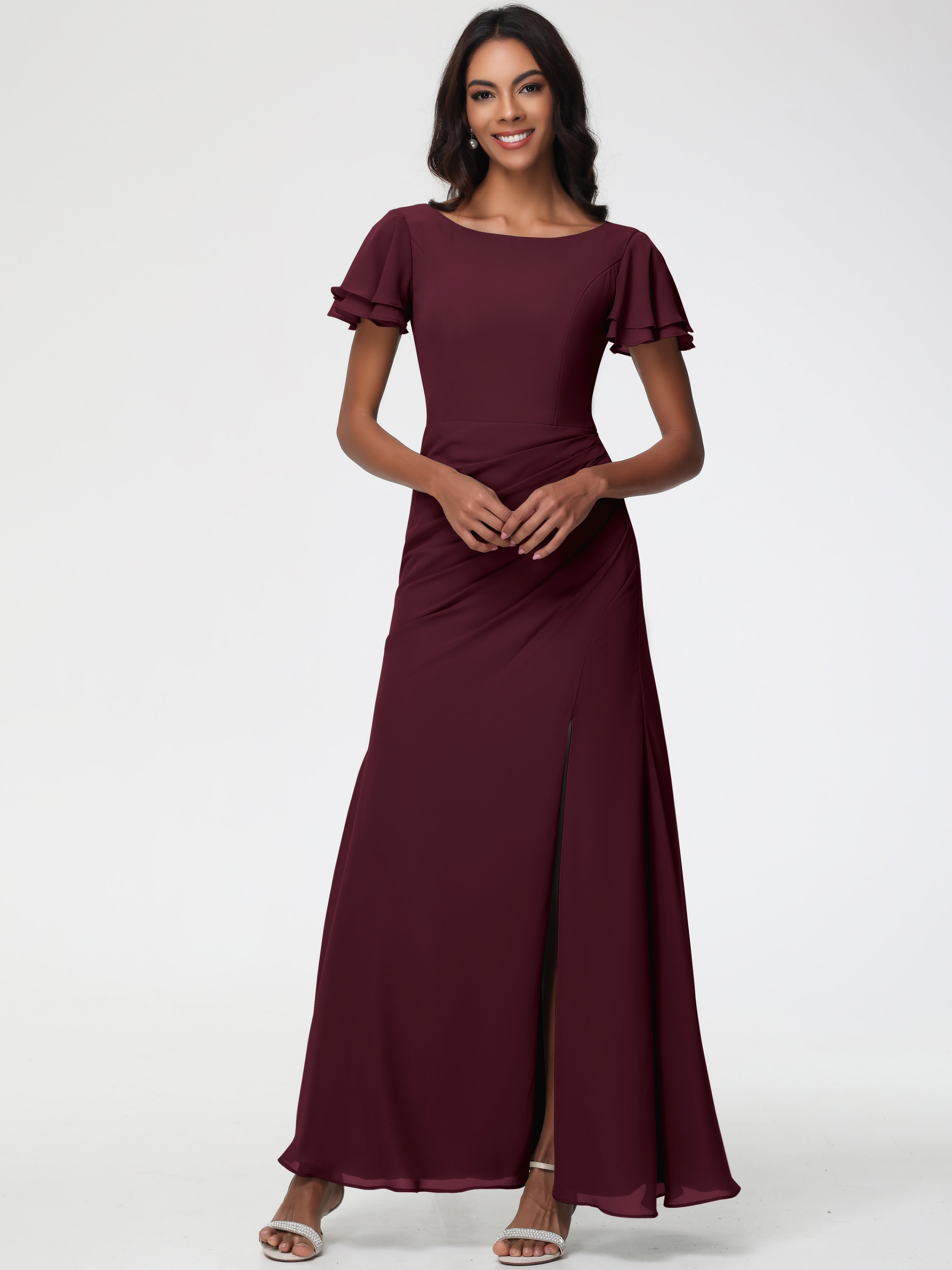 Sheath/Column Short Sleeves Split Long Chiffon Bridesmaid Dresses