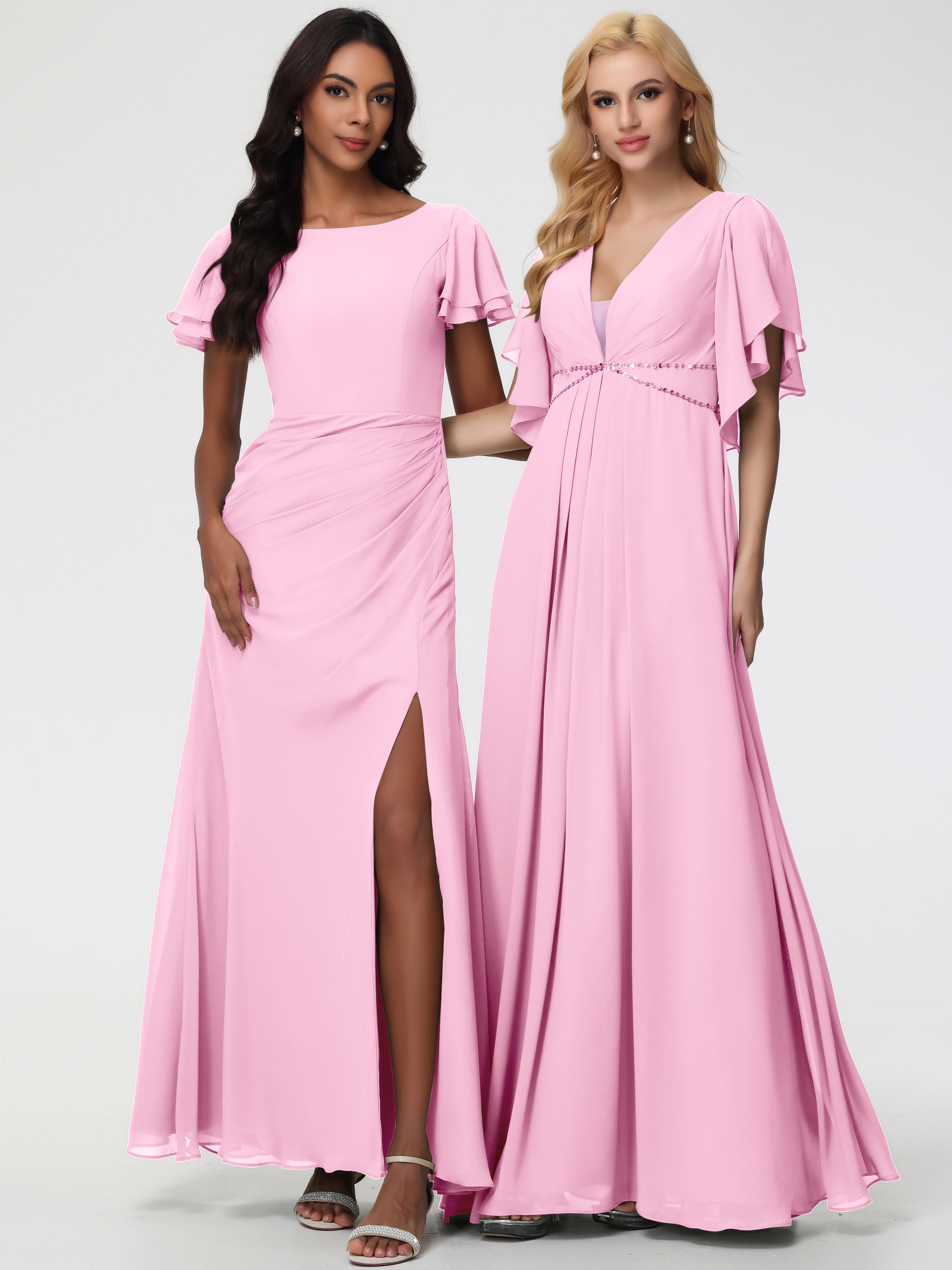 Sheath/Column Short Sleeves Split Long Chiffon Bridesmaid Dresses