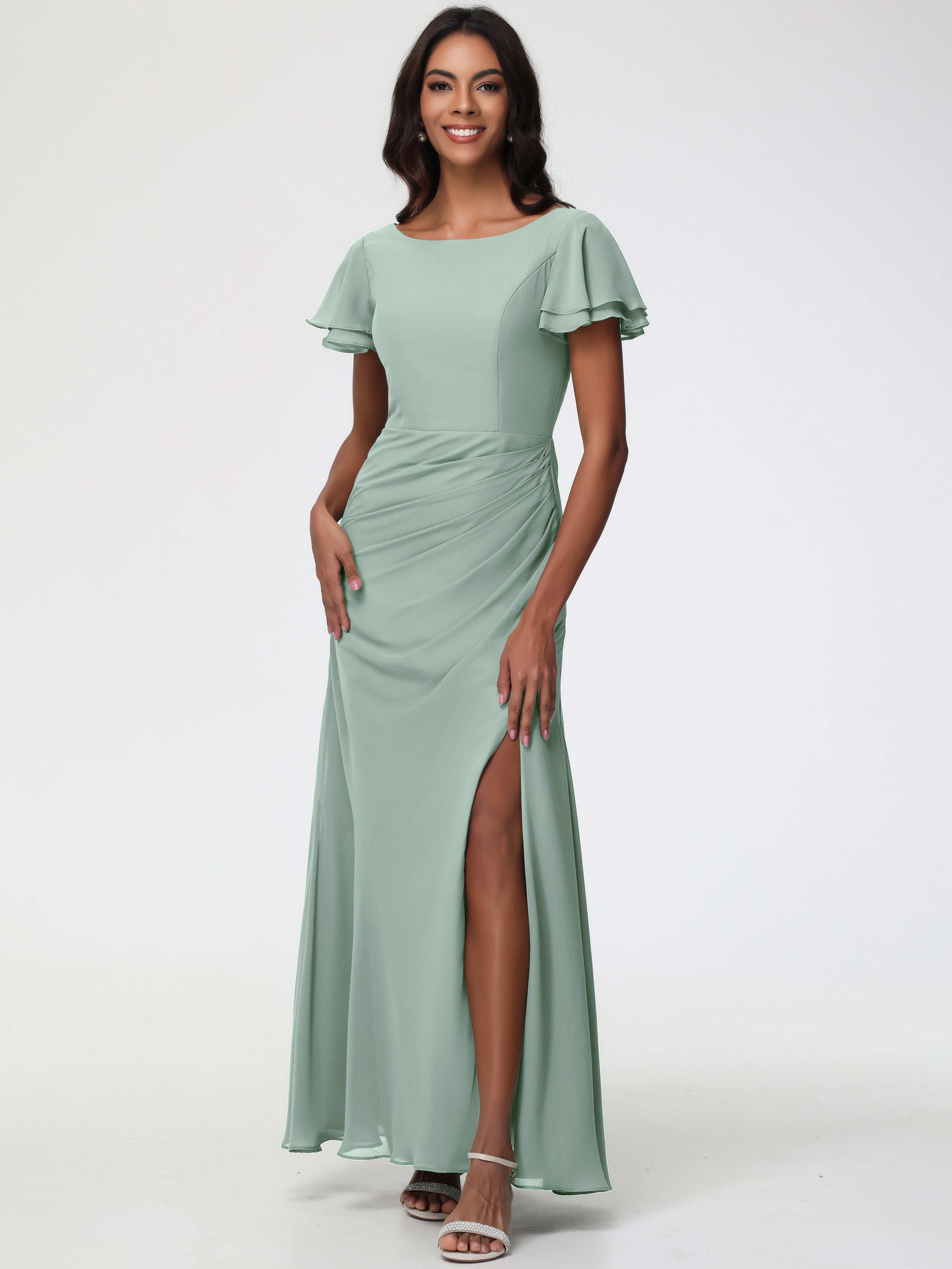 Sheath/Column Short Sleeves Split Long Chiffon Bridesmaid Dresses