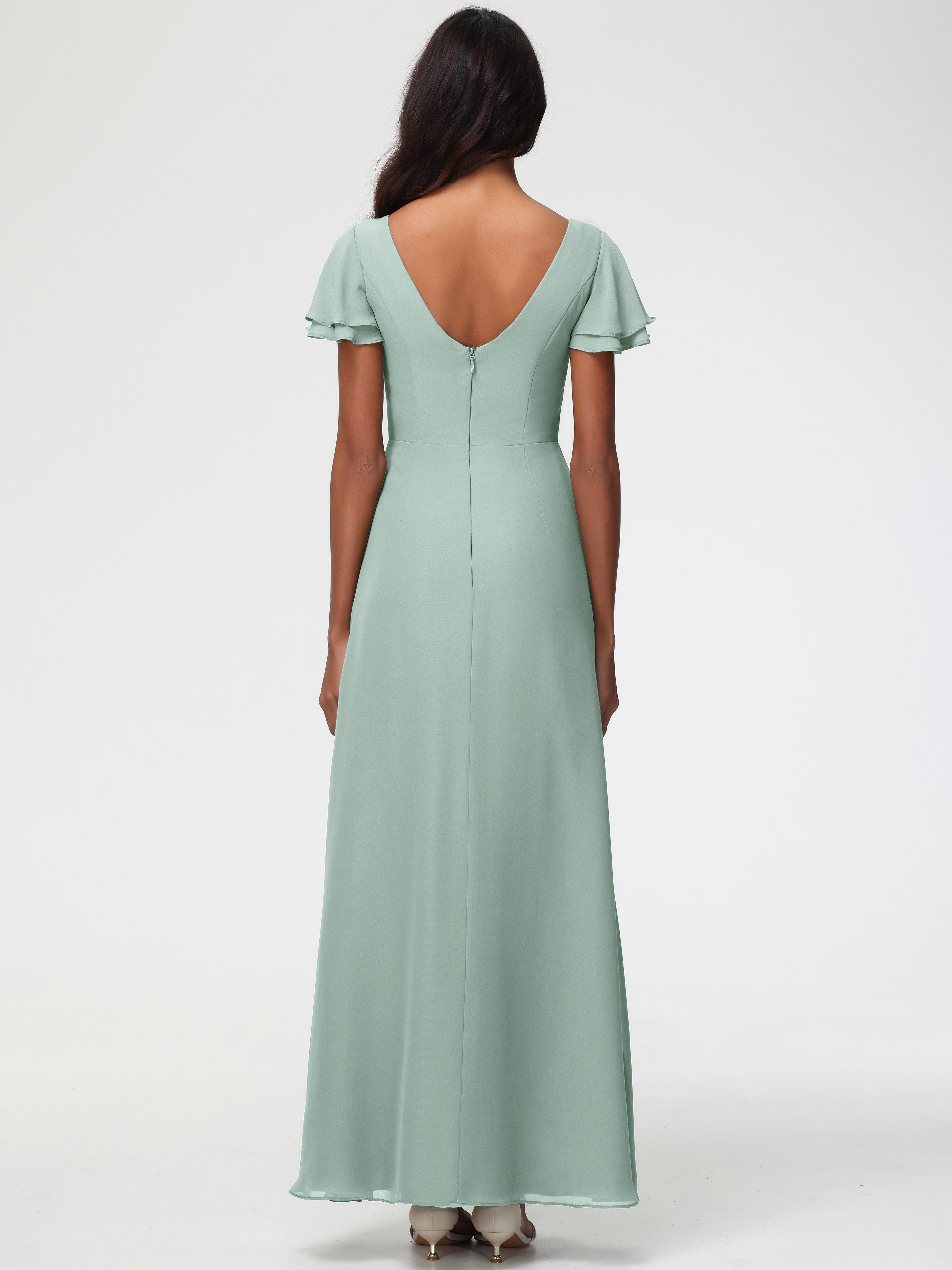 Sheath/Column Short Sleeves Split Long Chiffon Bridesmaid Dresses