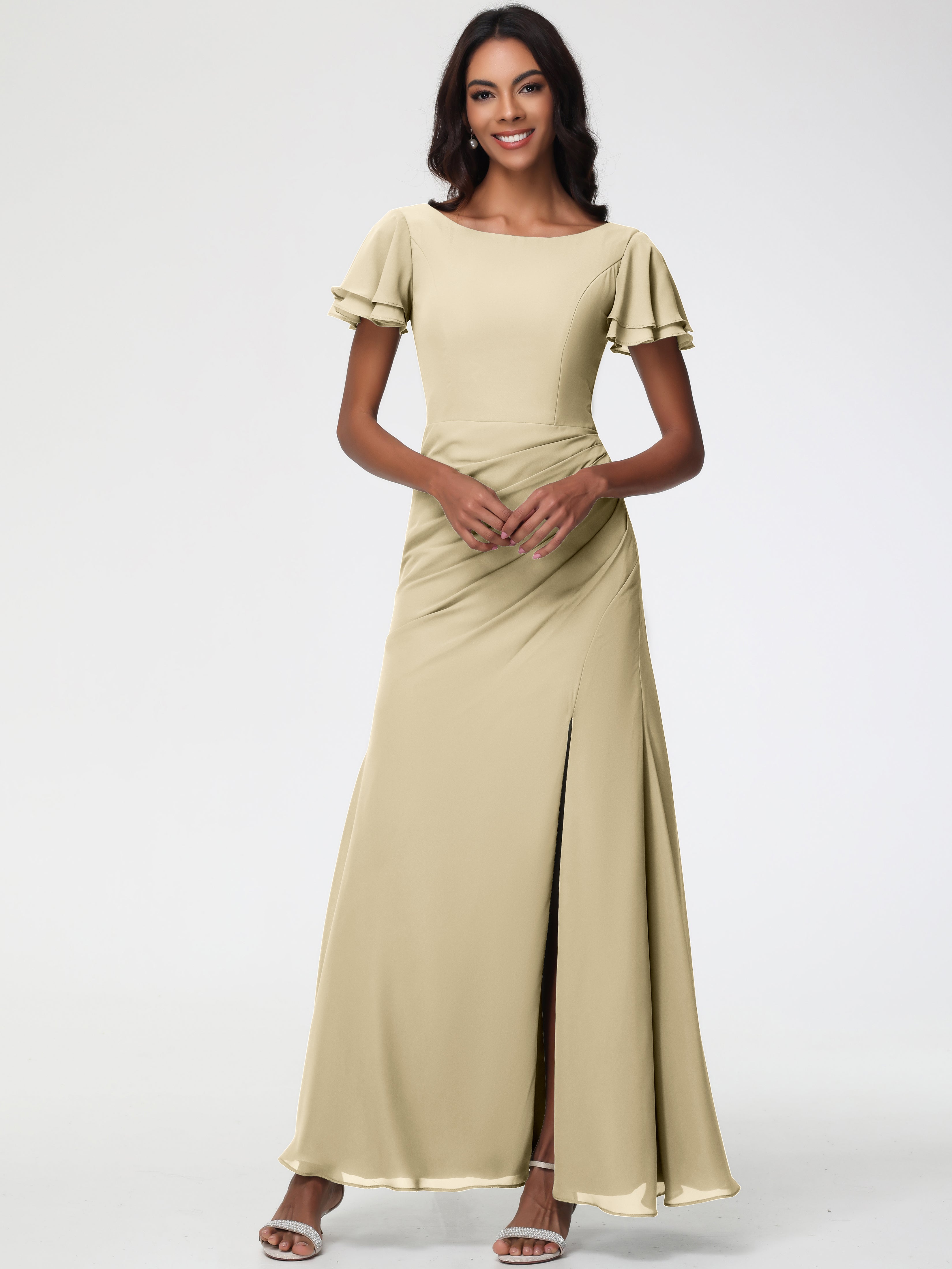 Sheath/Column Short Sleeves Split Long Chiffon Bridesmaid Dresses