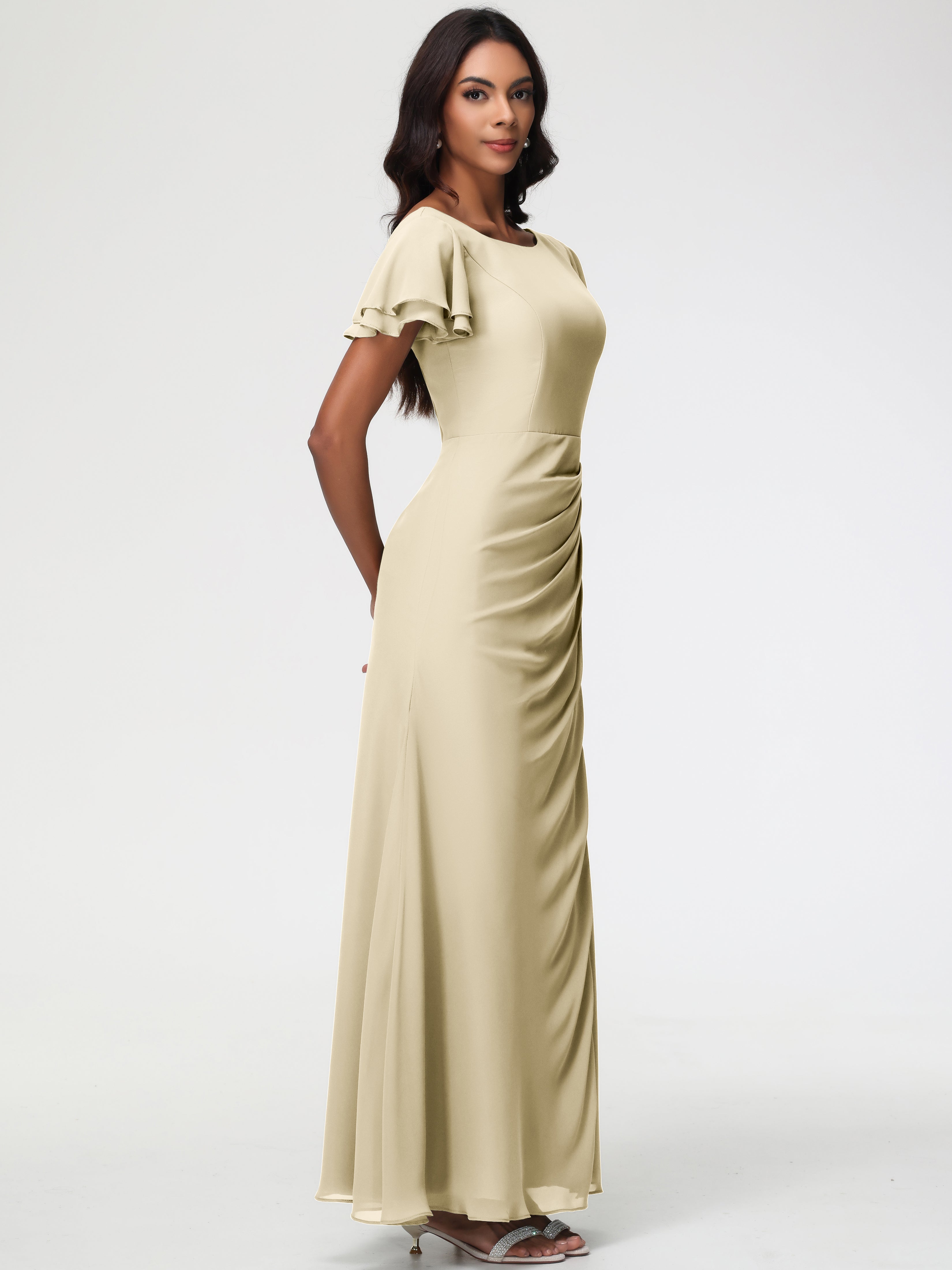 Sheath/Column Short Sleeves Split Long Chiffon Bridesmaid Dresses