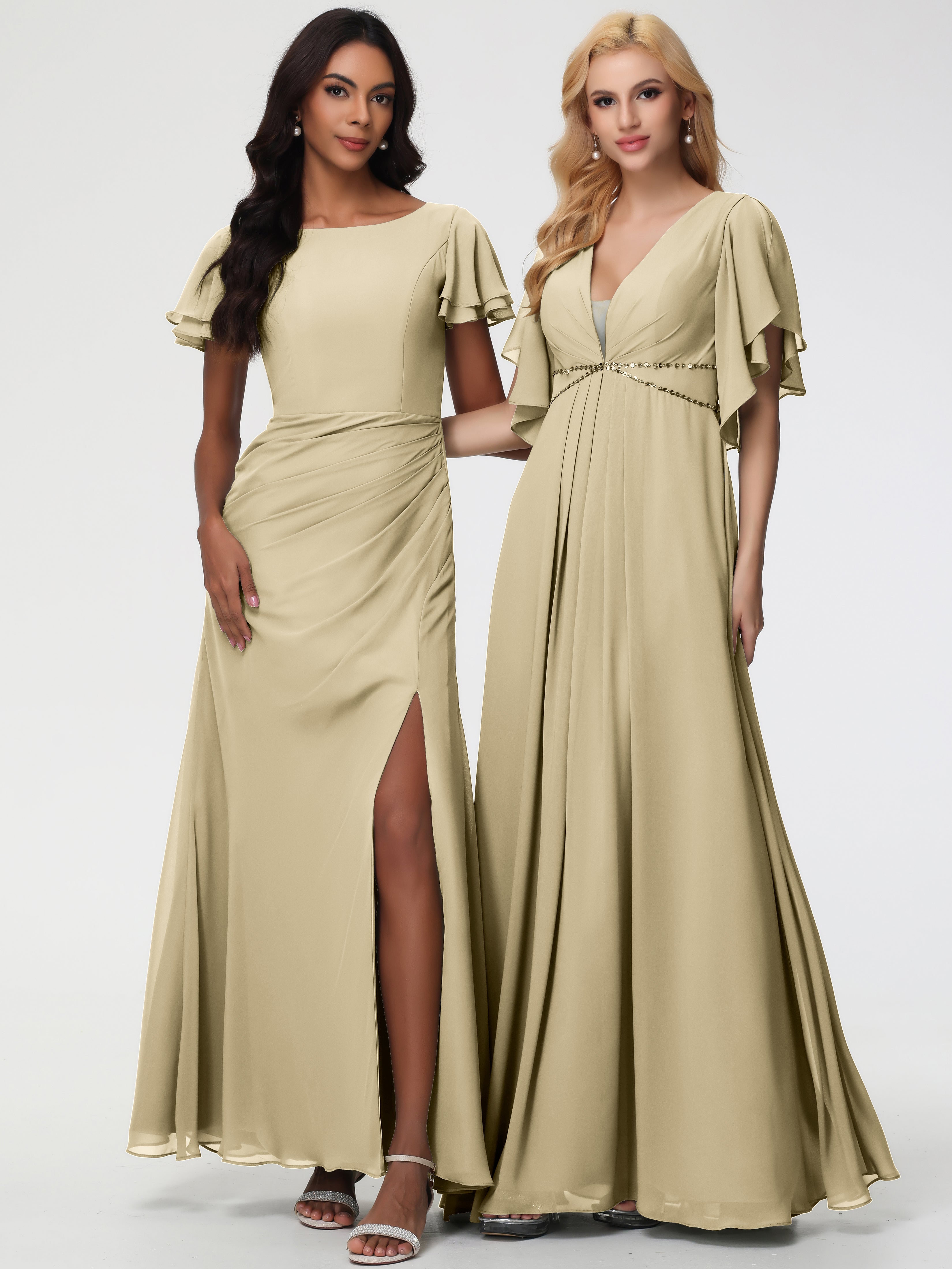 Sheath/Column Short Sleeves Split Long Chiffon Bridesmaid Dresses