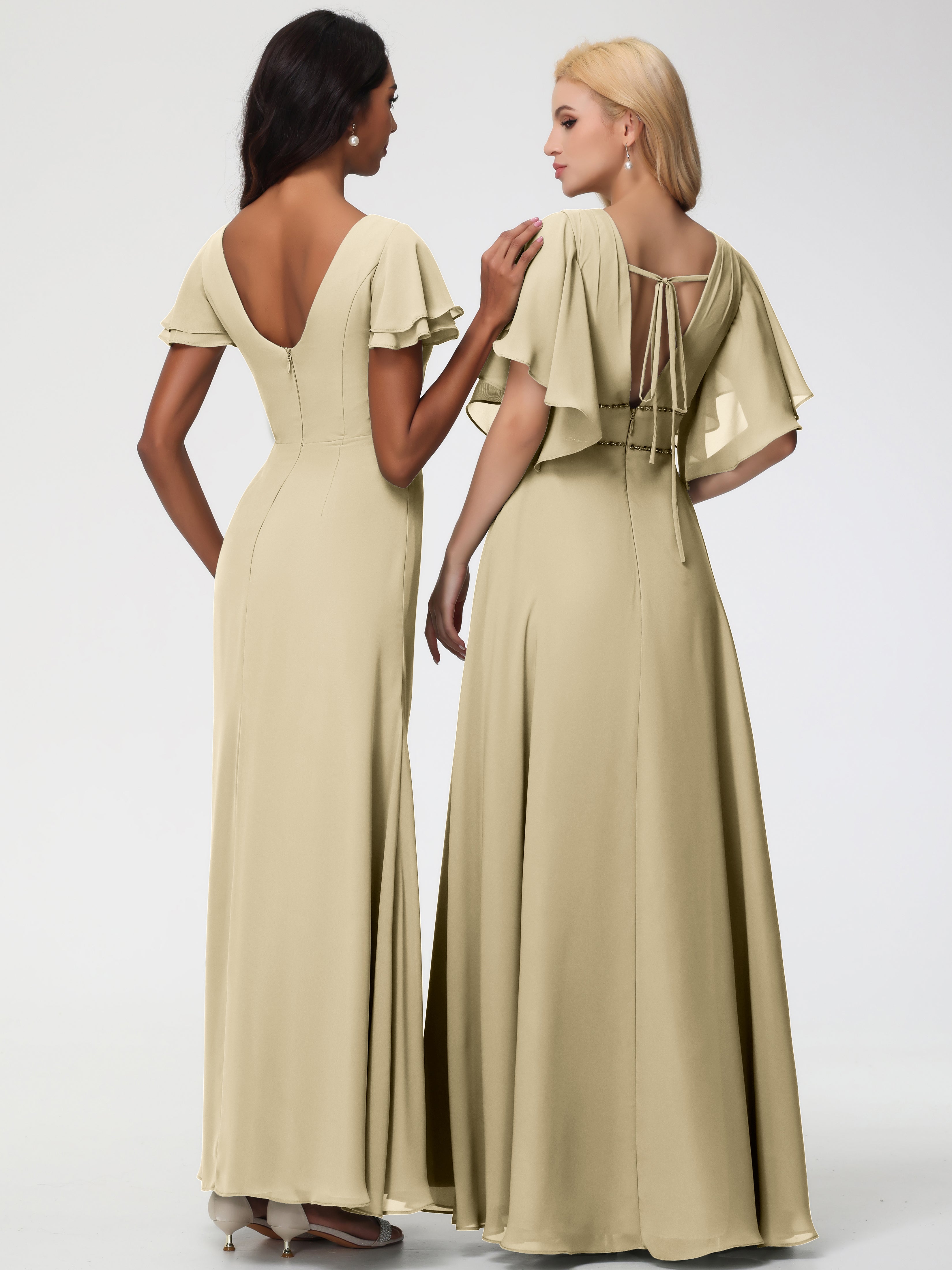 Sheath/Column Short Sleeves Split Long Chiffon Bridesmaid Dresses
