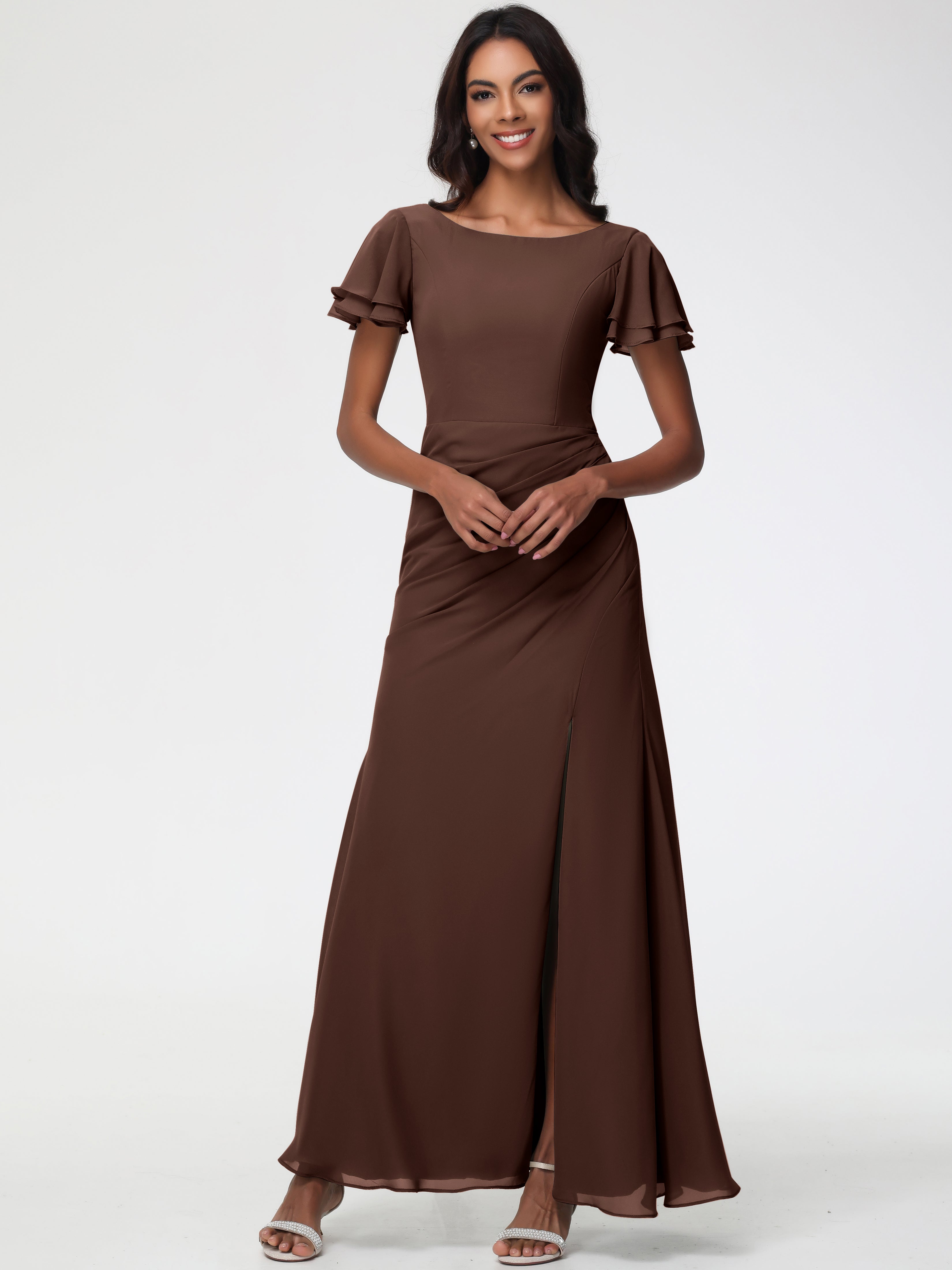 Sheath/Column Short Sleeves Split Long Chiffon Bridesmaid Dresses