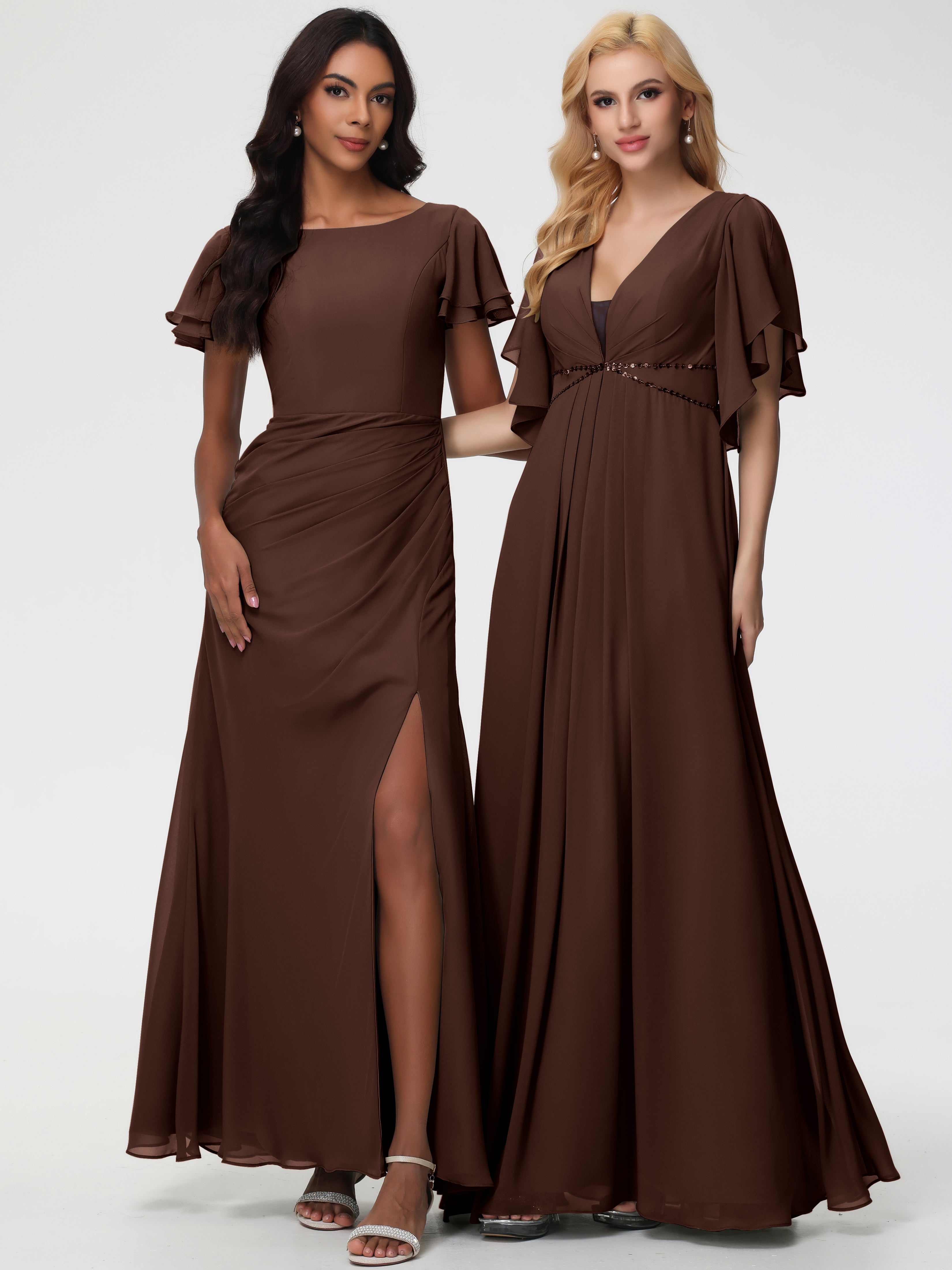 Sheath/Column Short Sleeves Split Long Chiffon Bridesmaid Dresses