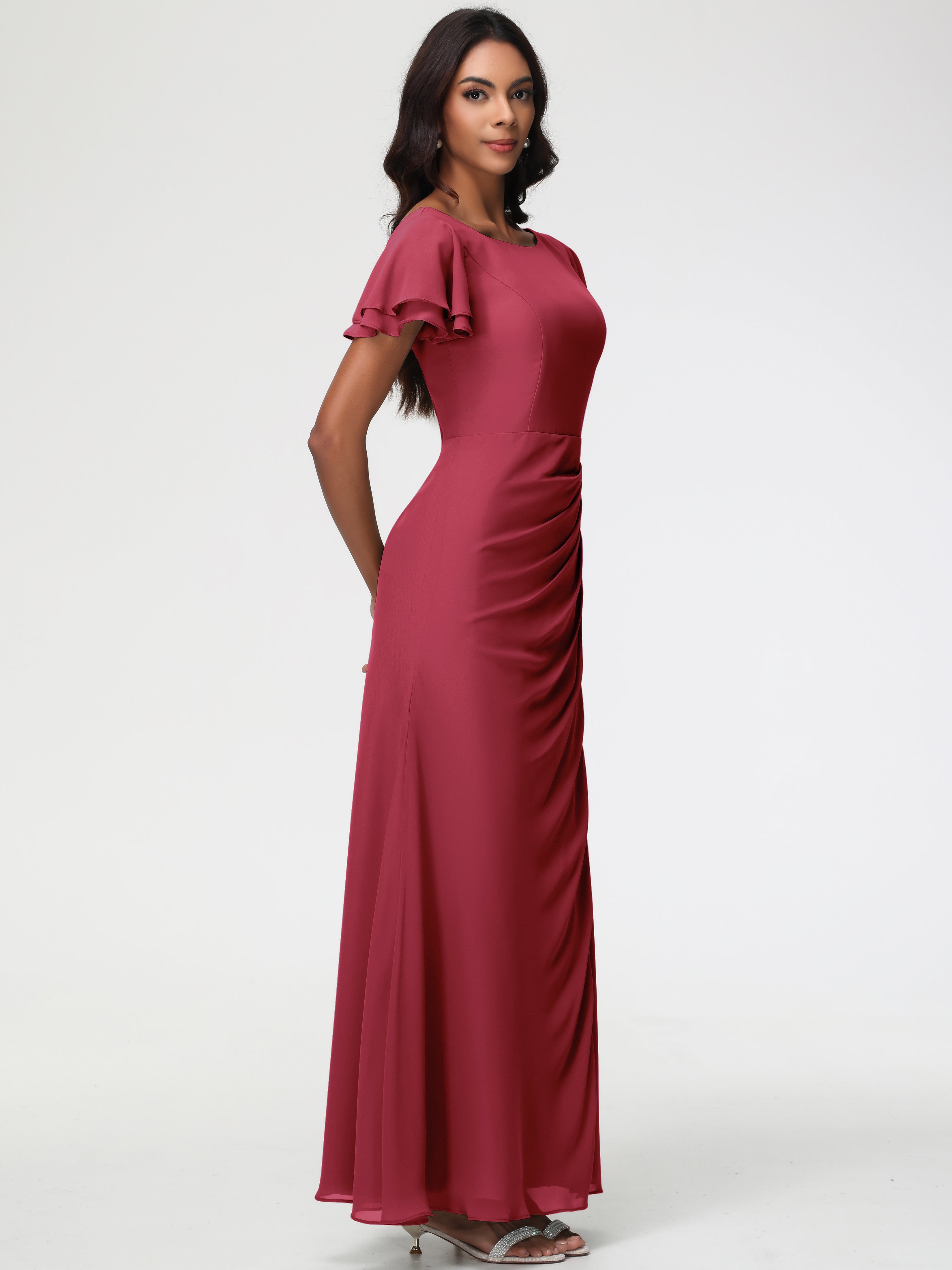 Sheath/Column Short Sleeves Split Long Chiffon Bridesmaid Dresses