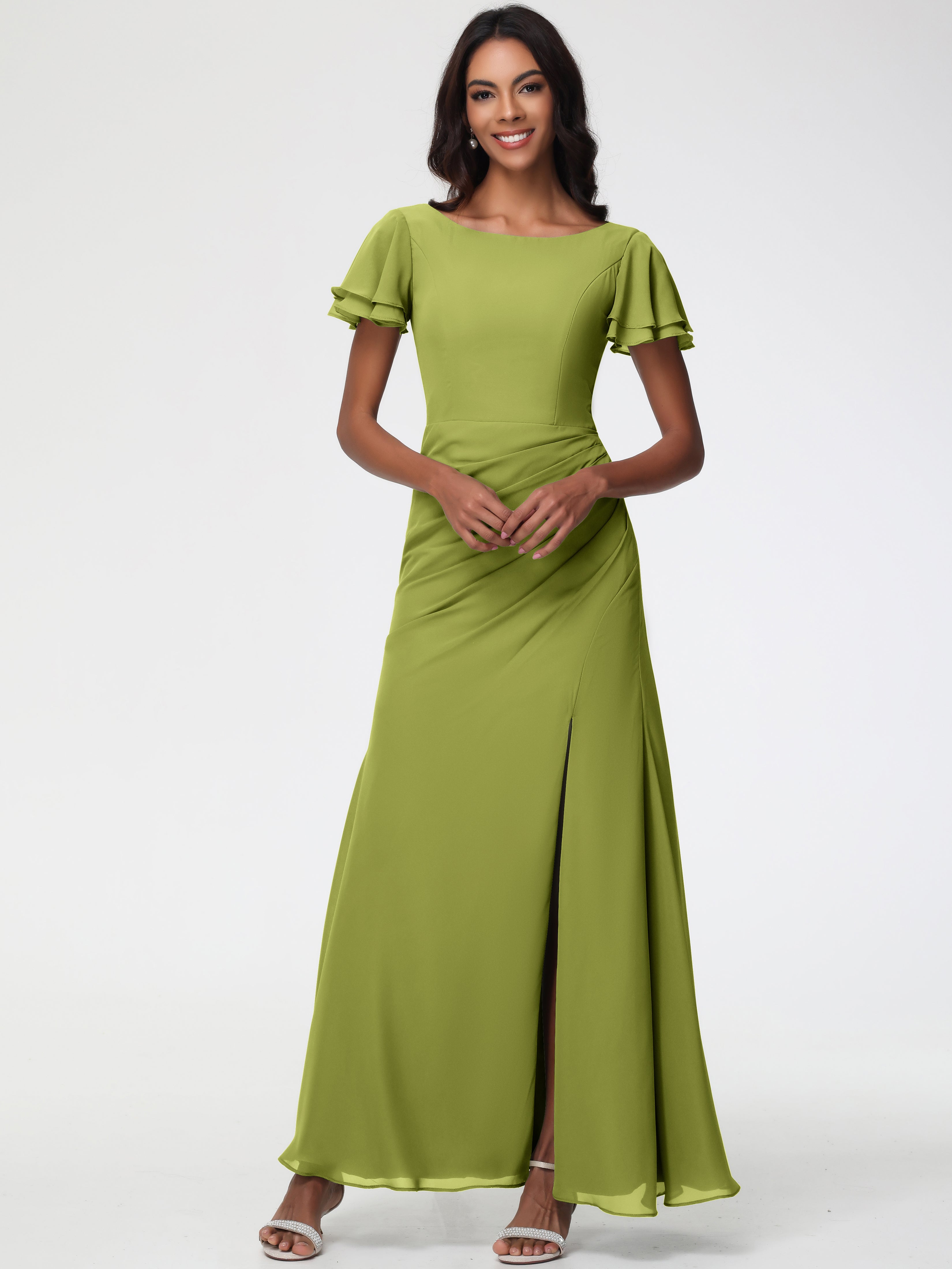Sheath/Column Short Sleeves Split Long Chiffon Bridesmaid Dresses