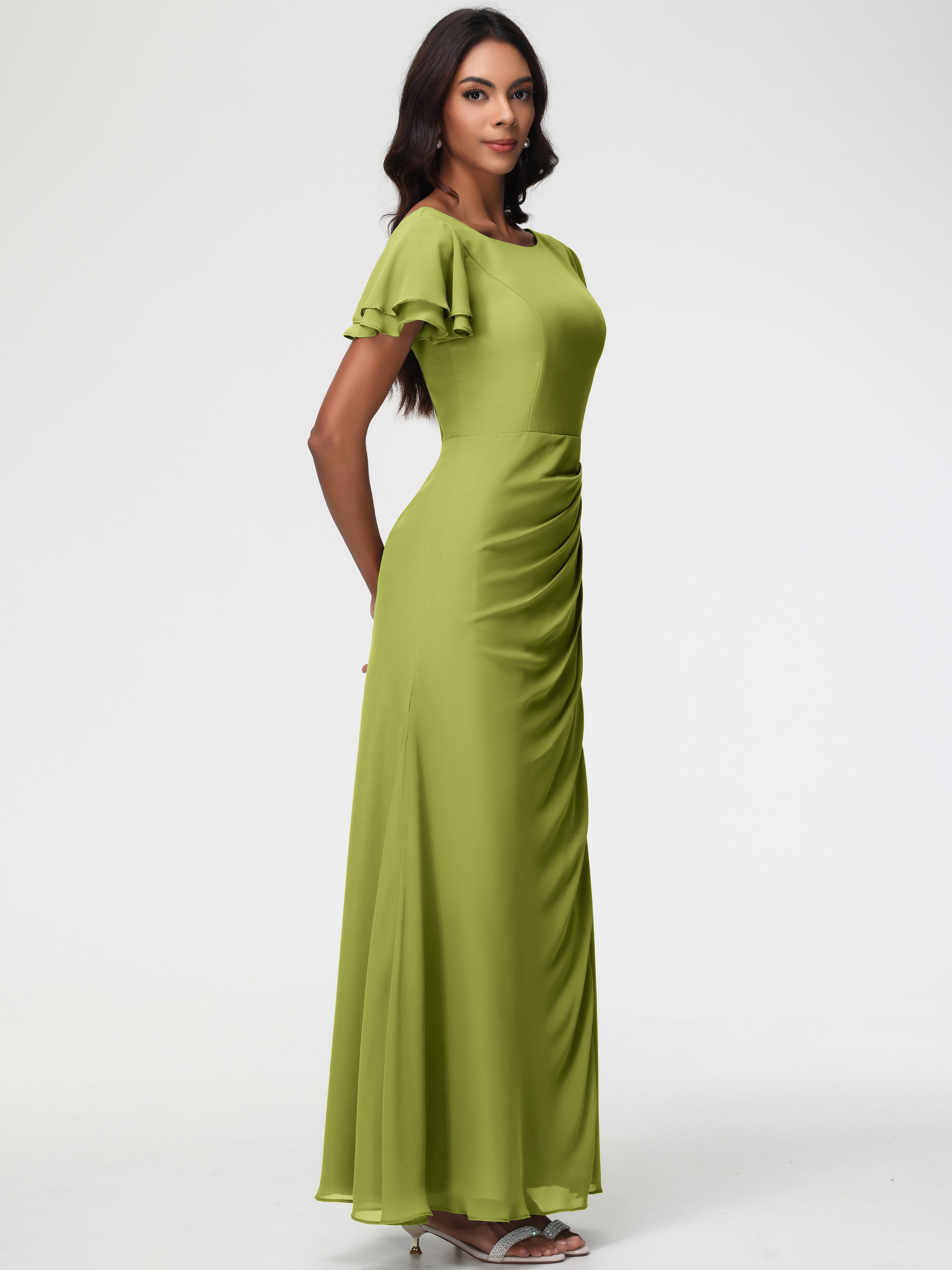 Sheath/Column Short Sleeves Split Long Chiffon Bridesmaid Dresses