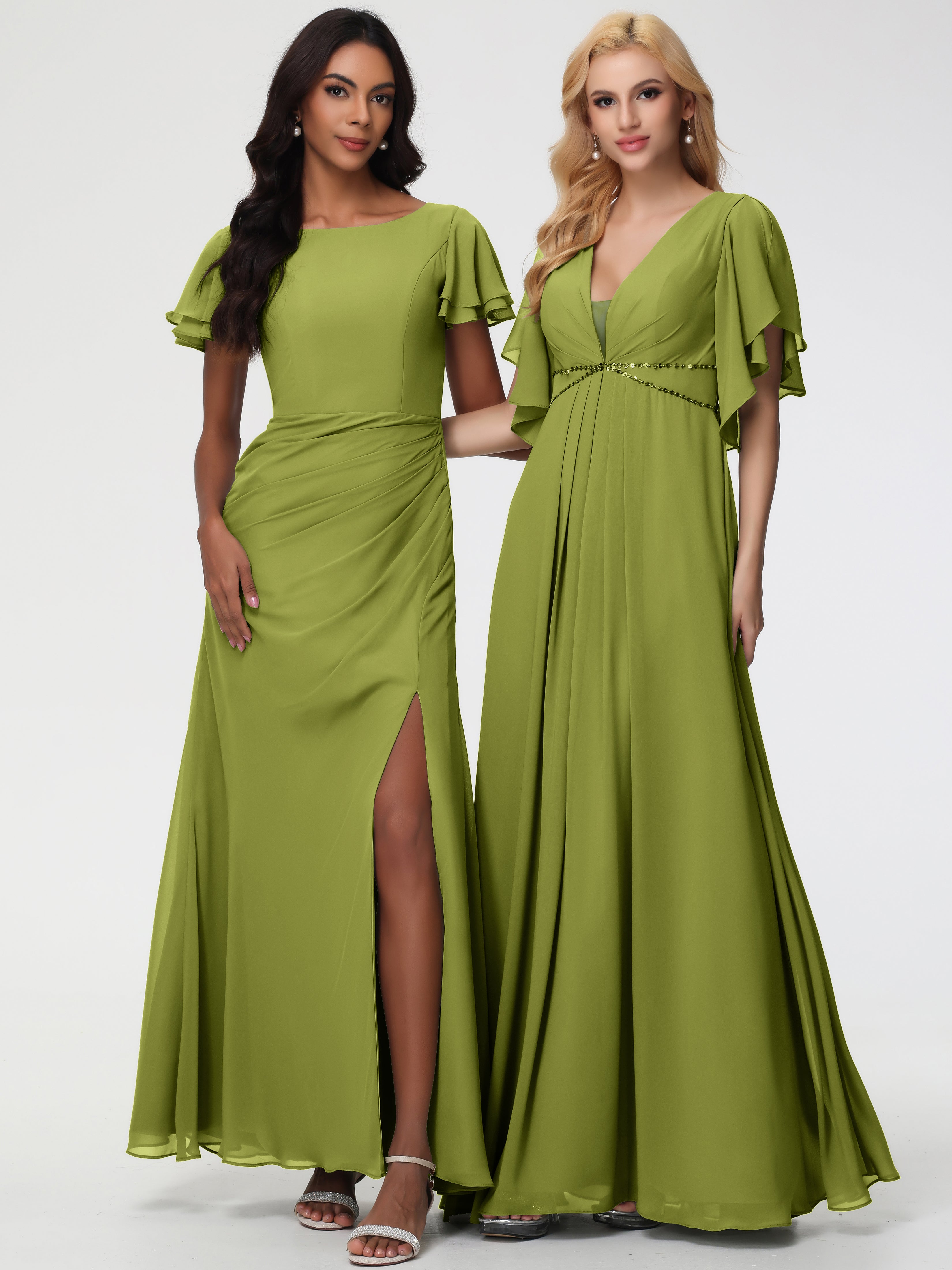 Sheath/Column Short Sleeves Split Long Chiffon Bridesmaid Dresses