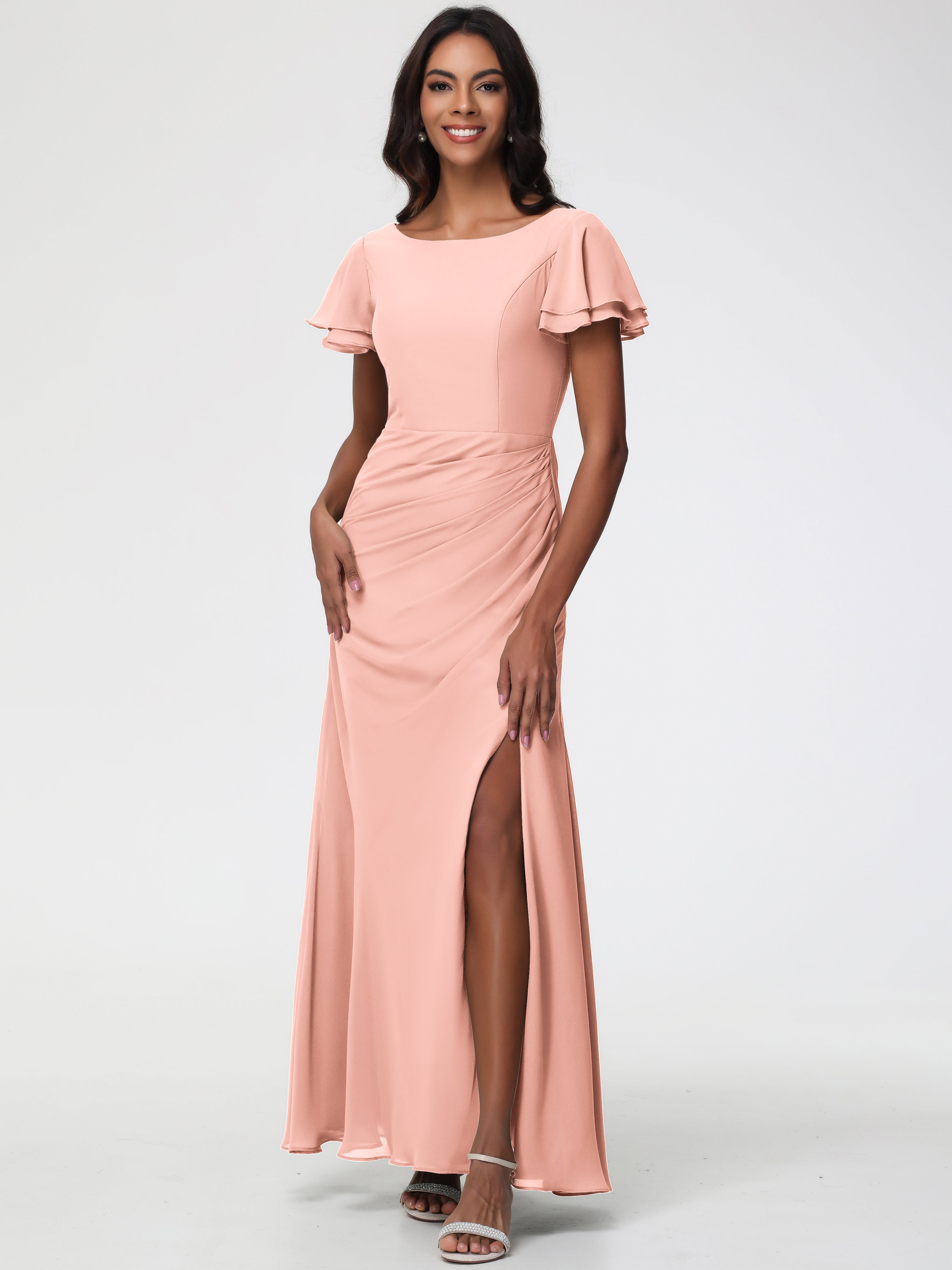 Sheath/Column Short Sleeves Split Long Chiffon Bridesmaid Dresses