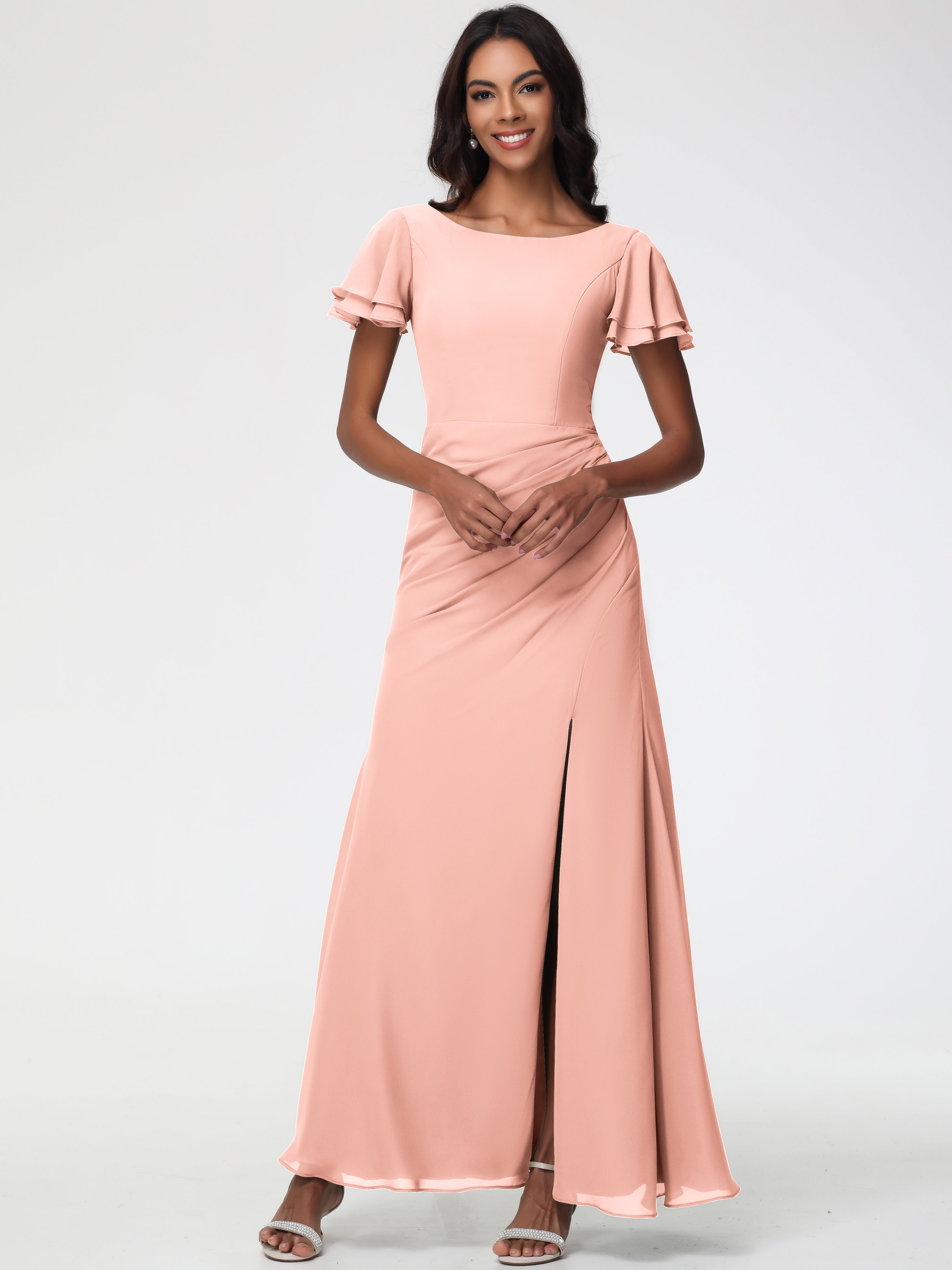 Sheath/Column Short Sleeves Split Long Chiffon Bridesmaid Dresses