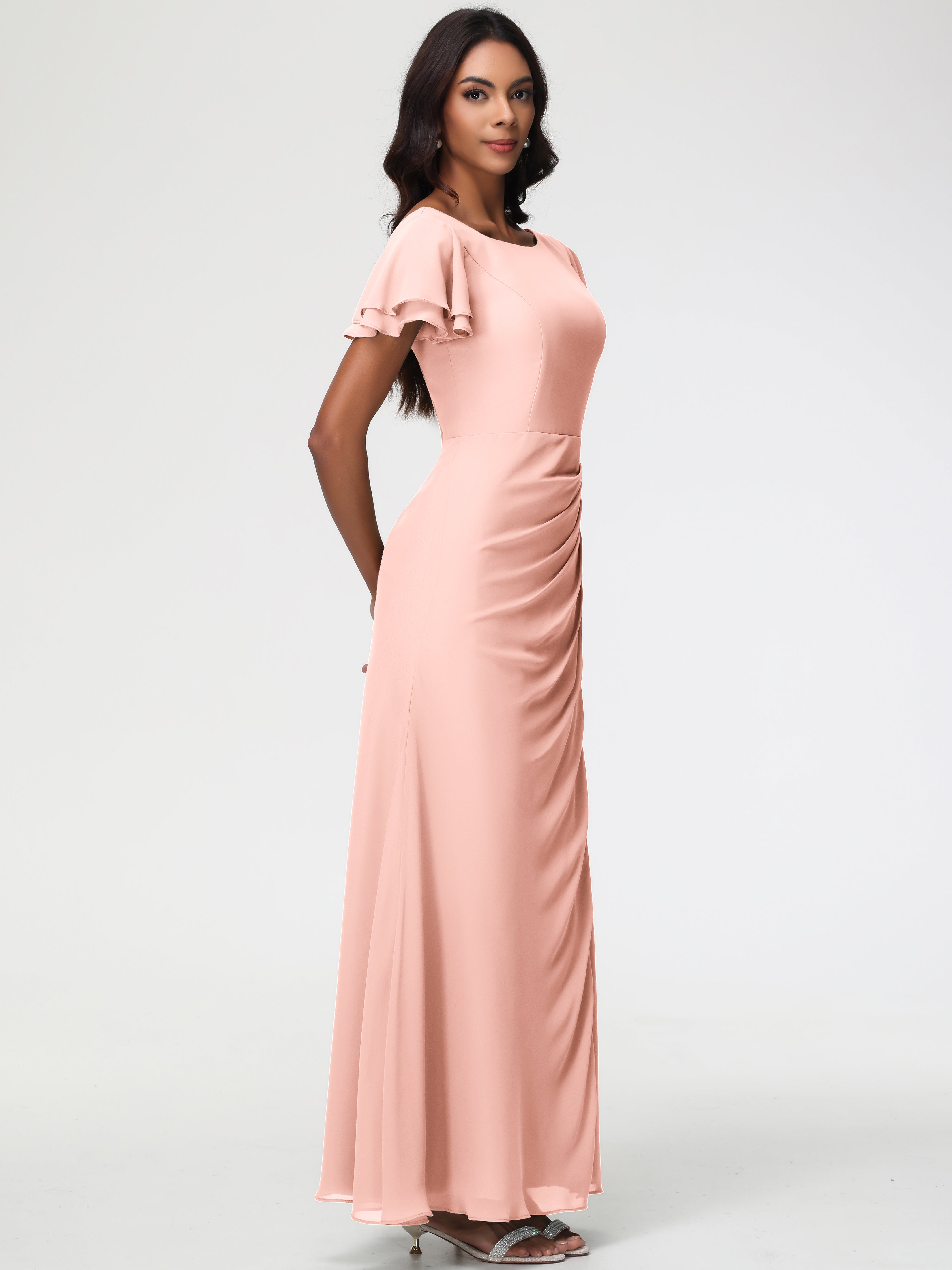 Sheath/Column Short Sleeves Split Long Chiffon Bridesmaid Dresses