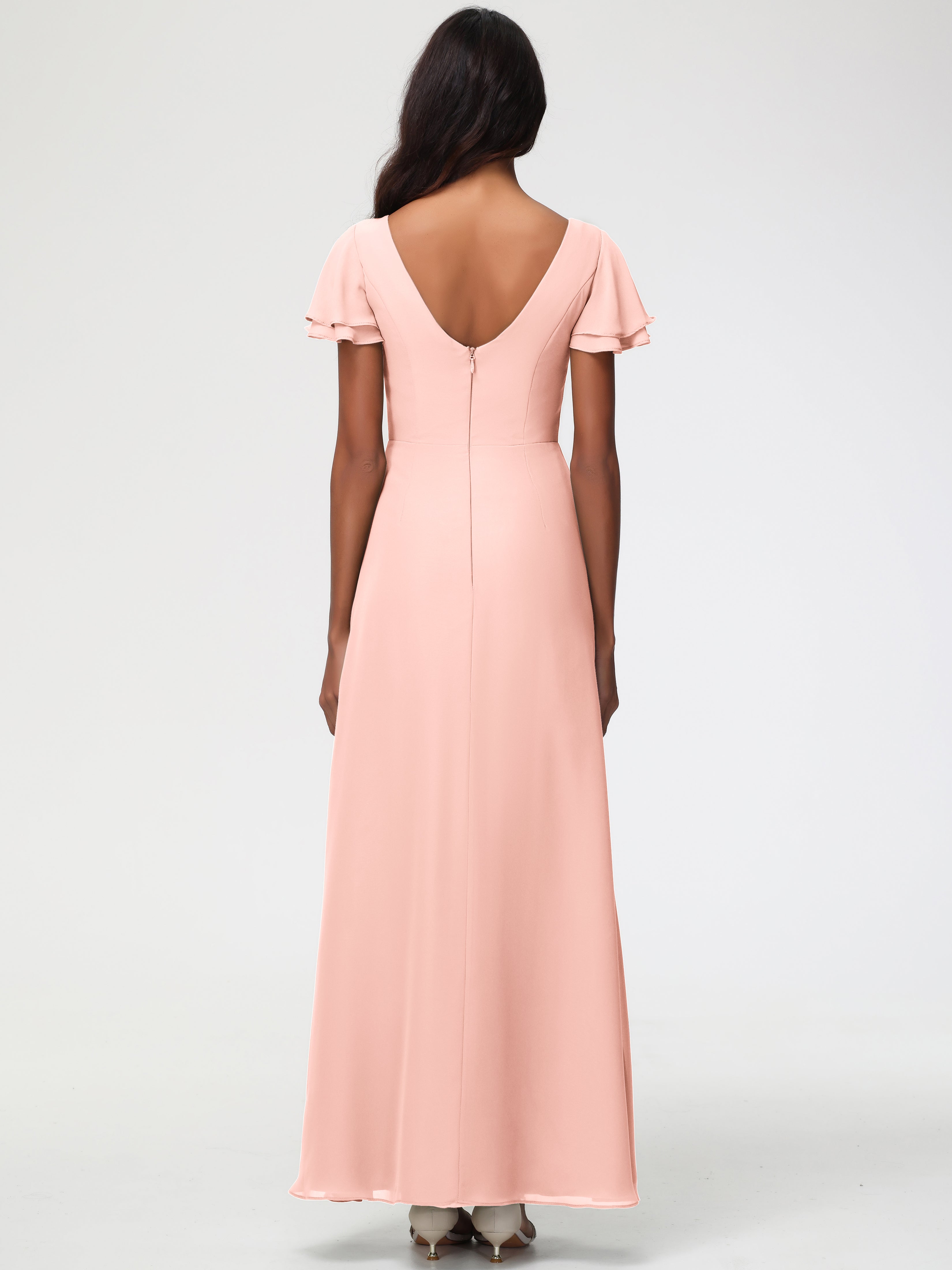 Sheath/Column Short Sleeves Split Long Chiffon Bridesmaid Dresses