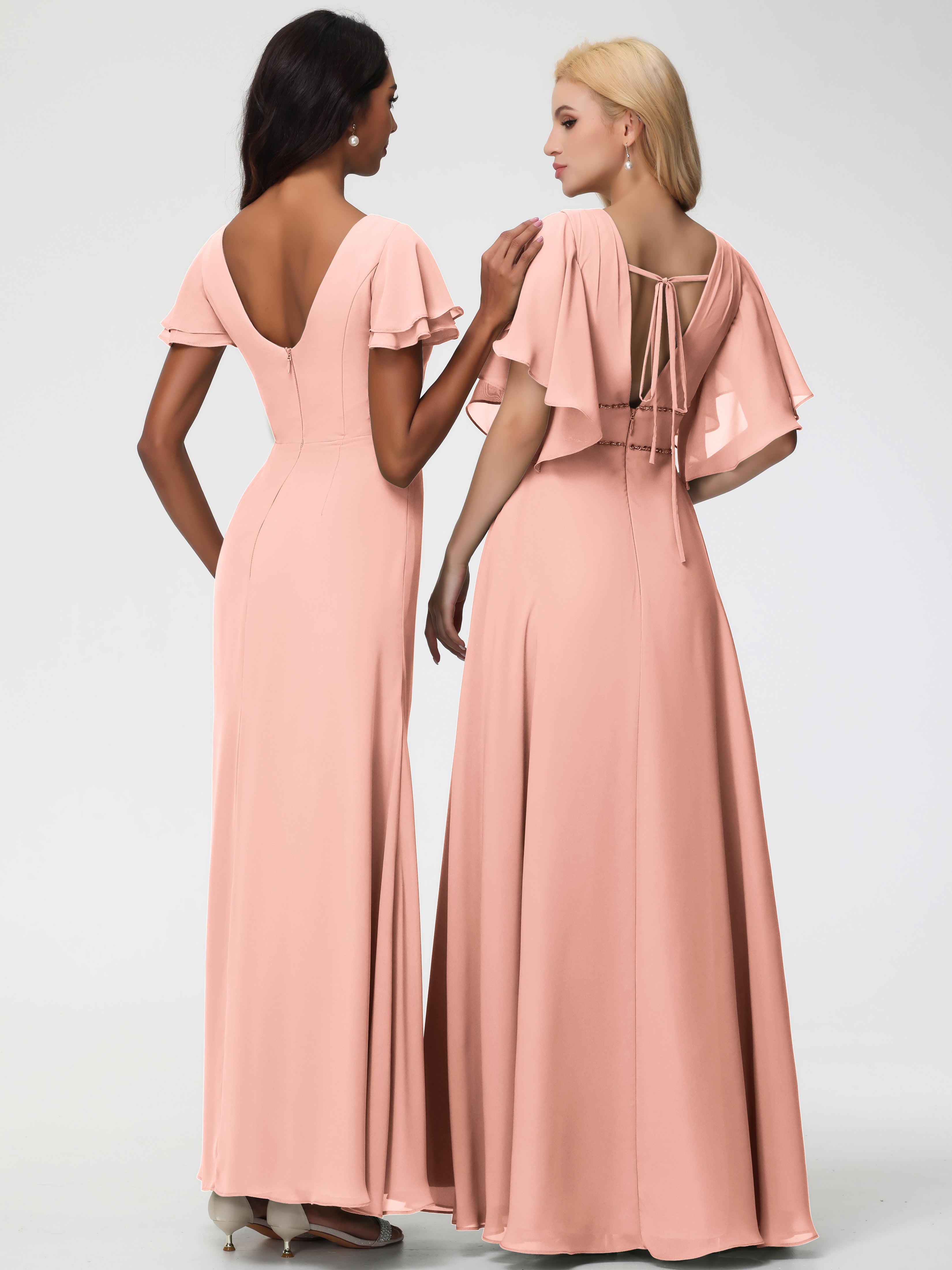Sheath/Column Short Sleeves Split Long Chiffon Bridesmaid Dresses