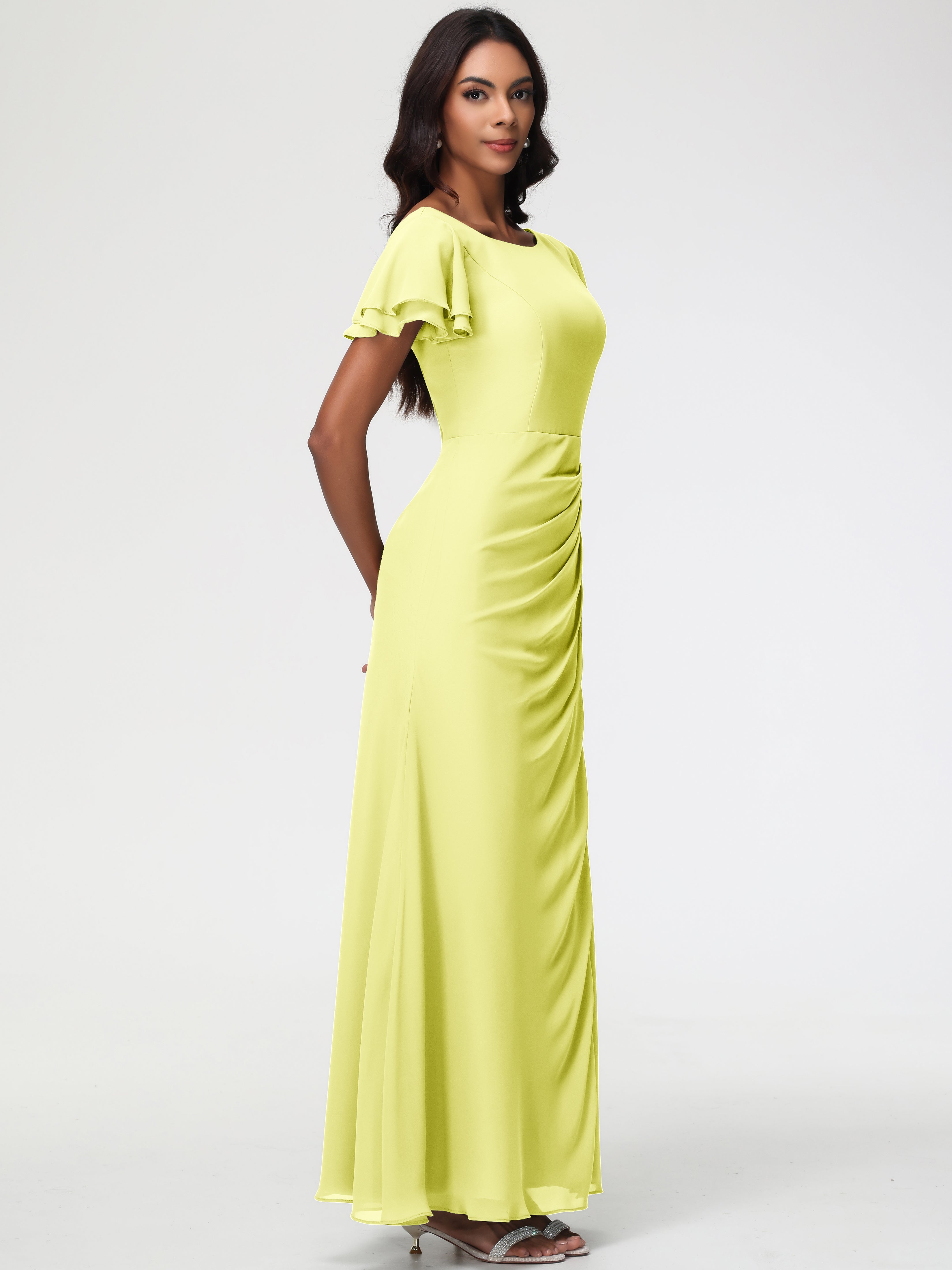 Sheath/Column Short Sleeves Split Long Chiffon Bridesmaid Dresses