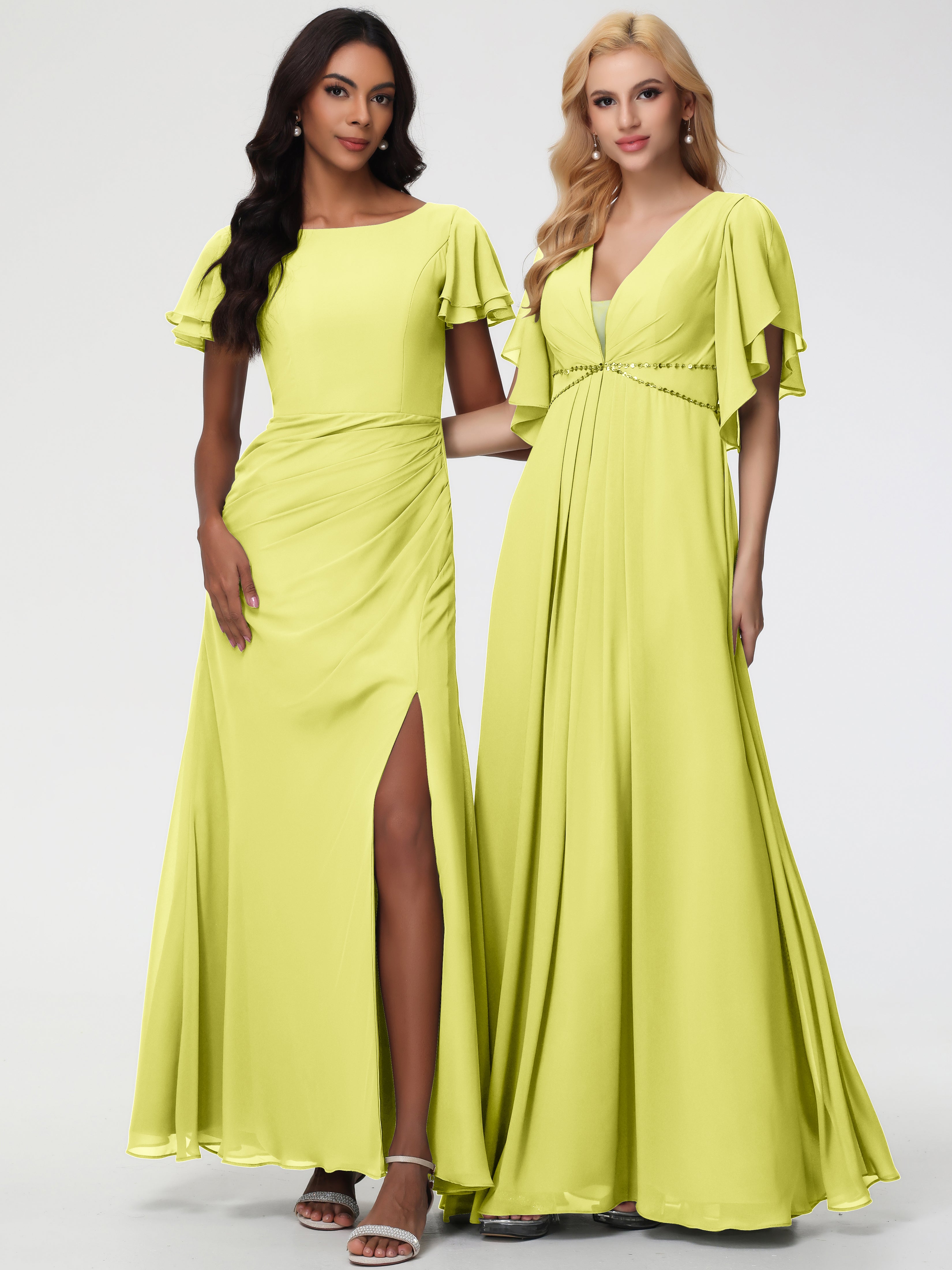 Sheath/Column Short Sleeves Split Long Chiffon Bridesmaid Dresses