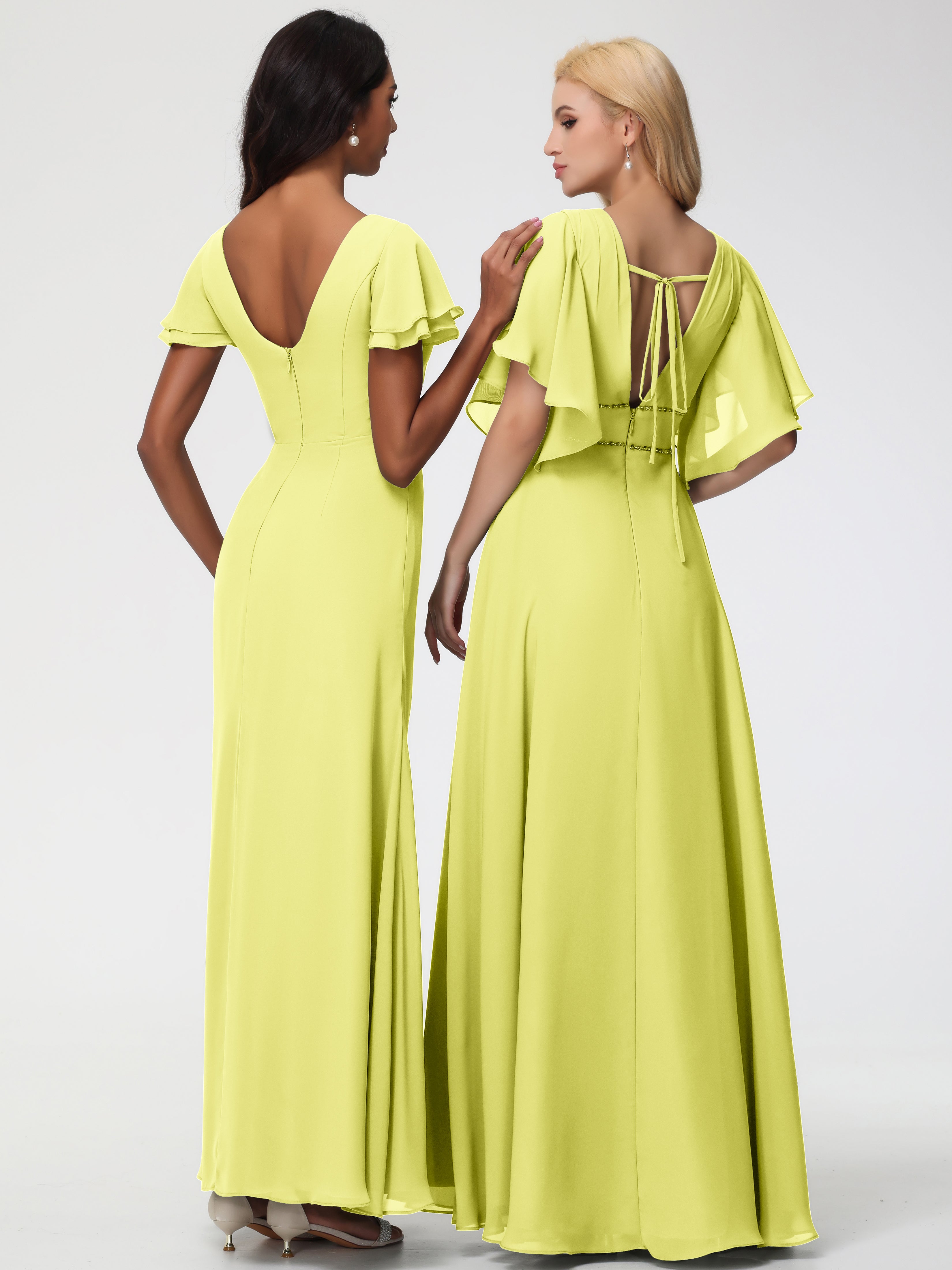 Sheath/Column Short Sleeves Split Long Chiffon Bridesmaid Dresses