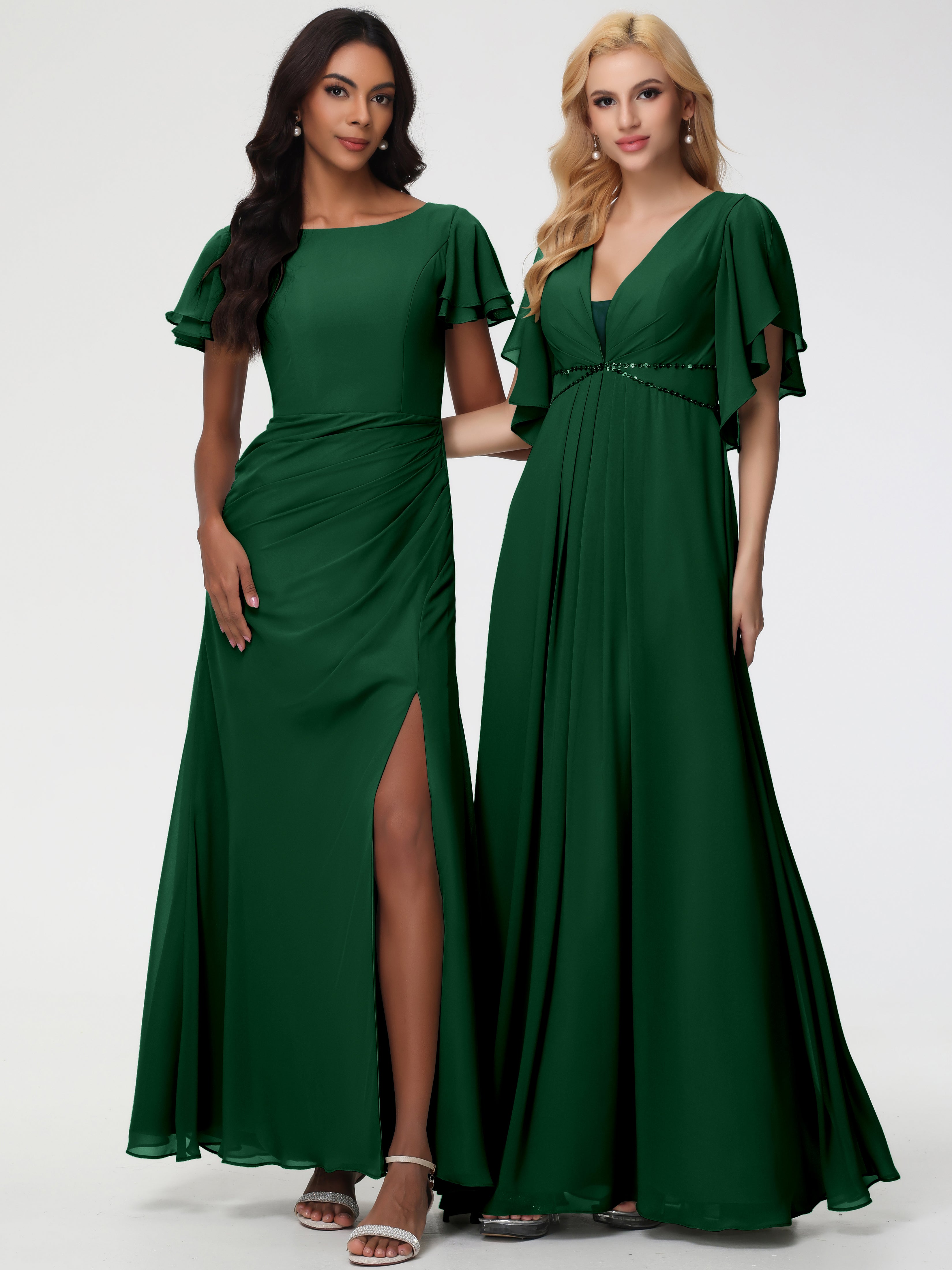 Sheath/Column Short Sleeves Split Long Chiffon Bridesmaid Dresses