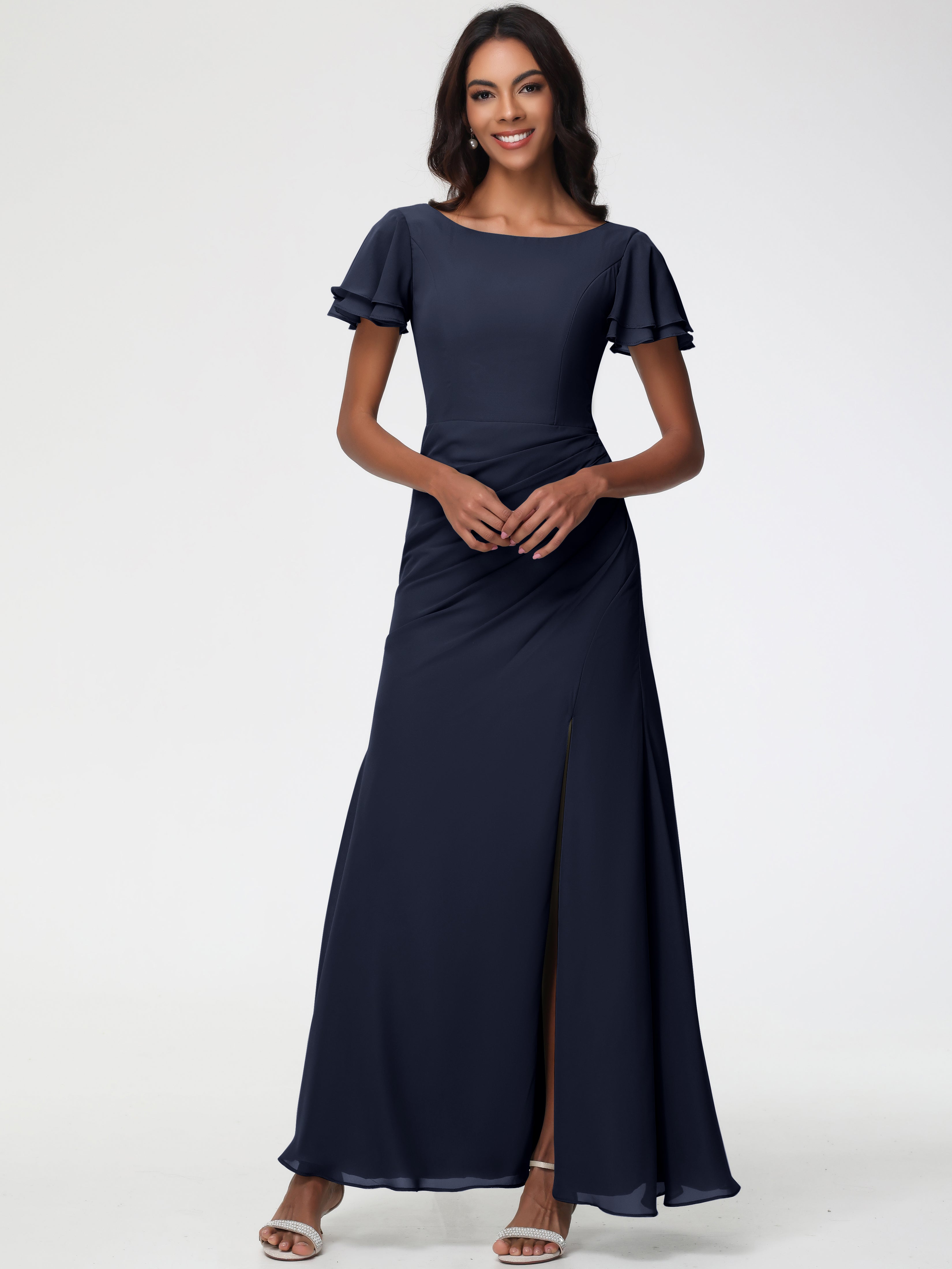 Sheath/Column Short Sleeves Split Long Chiffon Bridesmaid Dresses