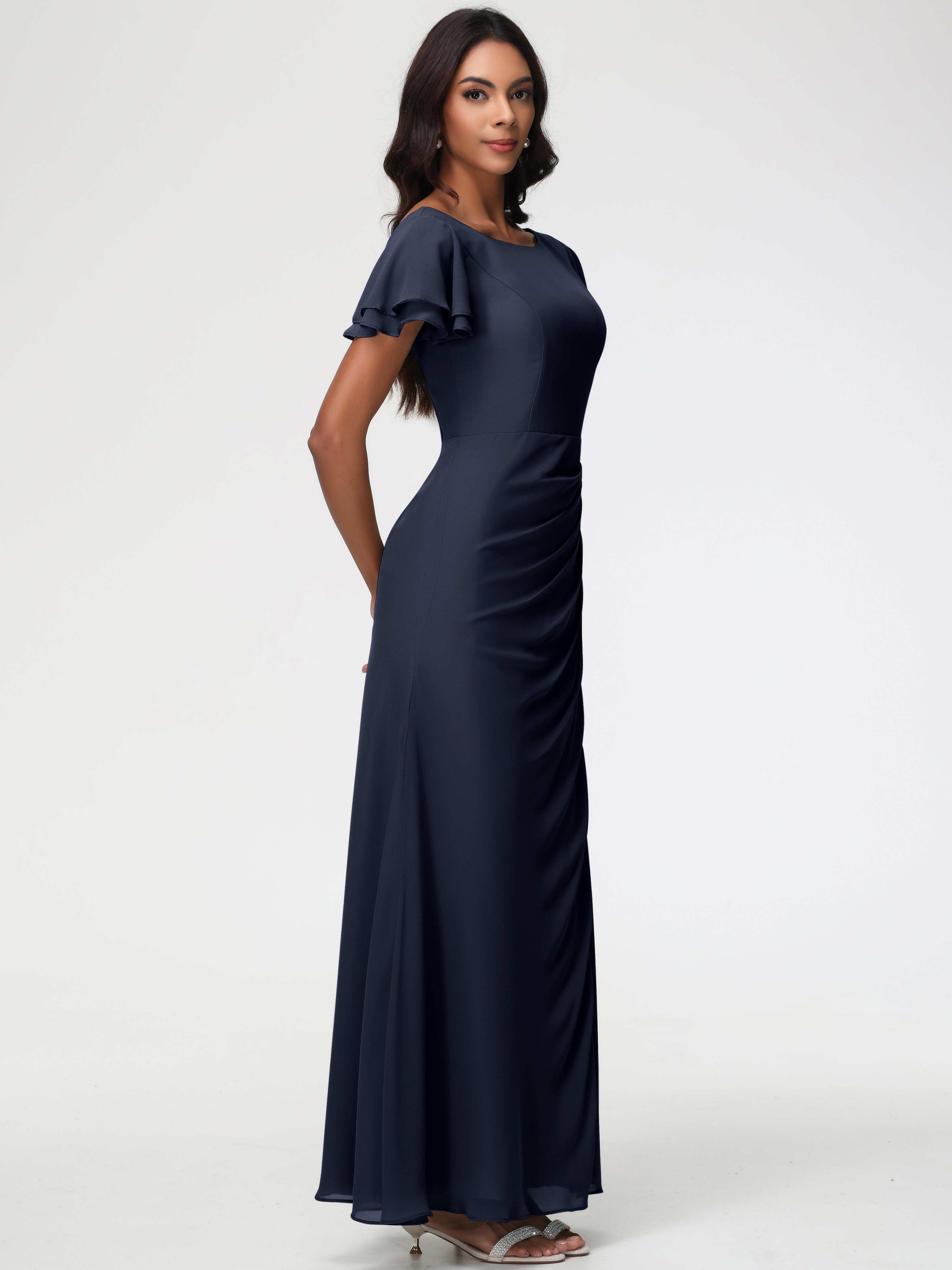 Sheath/Column Short Sleeves Split Long Chiffon Bridesmaid Dresses