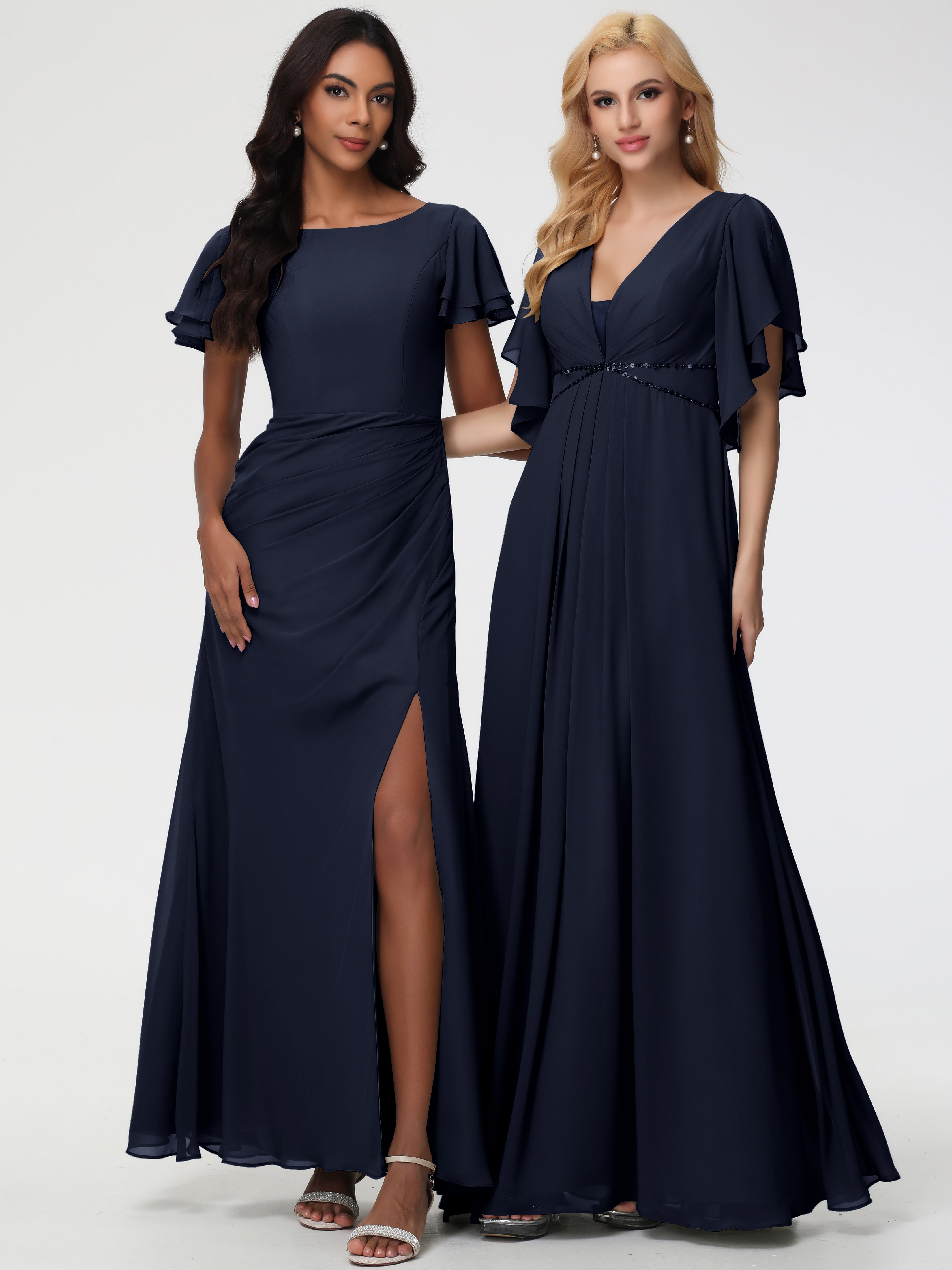 Sheath/Column Short Sleeves Split Long Chiffon Bridesmaid Dresses
