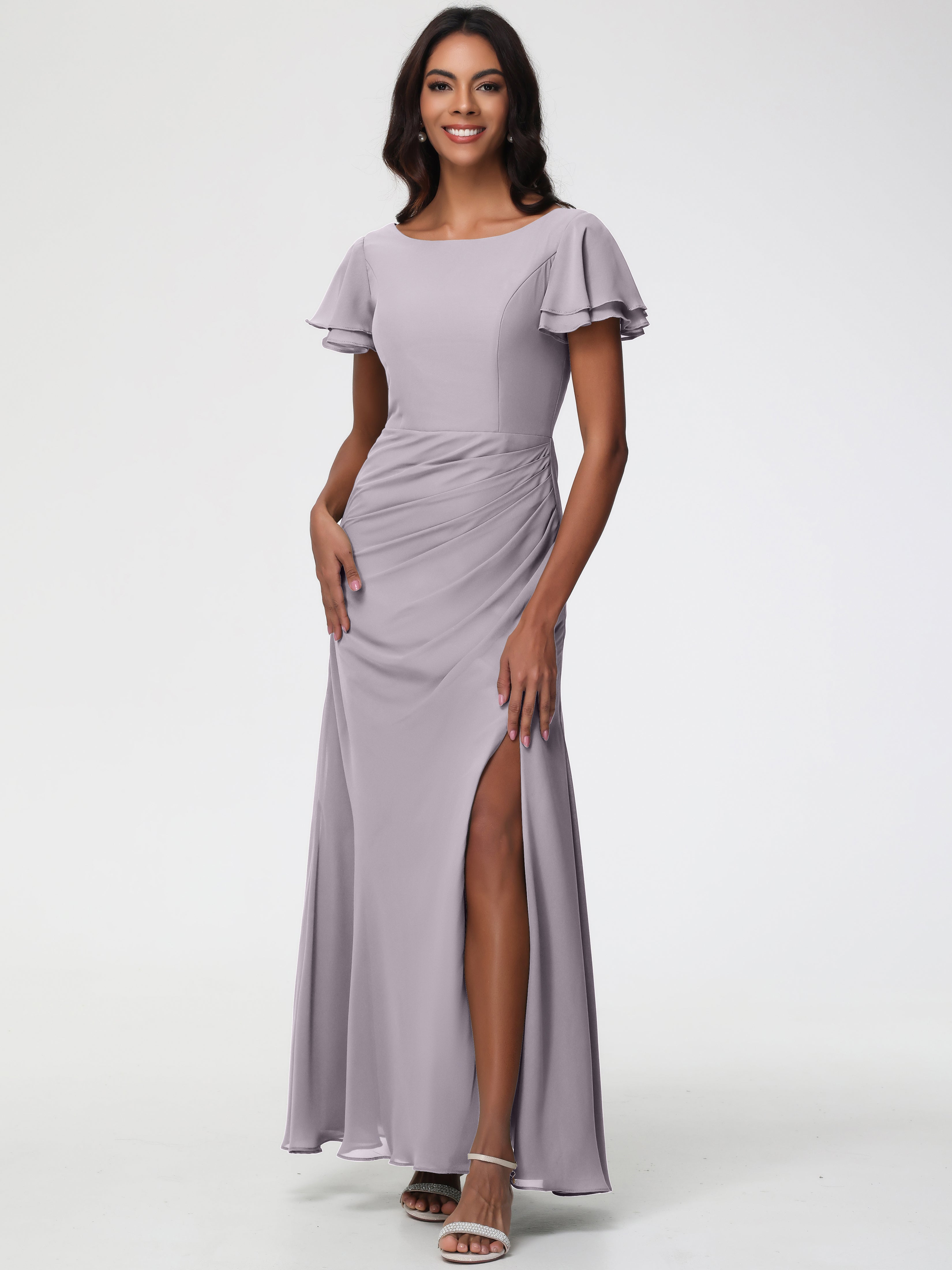Sheath/Column Short Sleeves Split Long Chiffon Bridesmaid Dresses