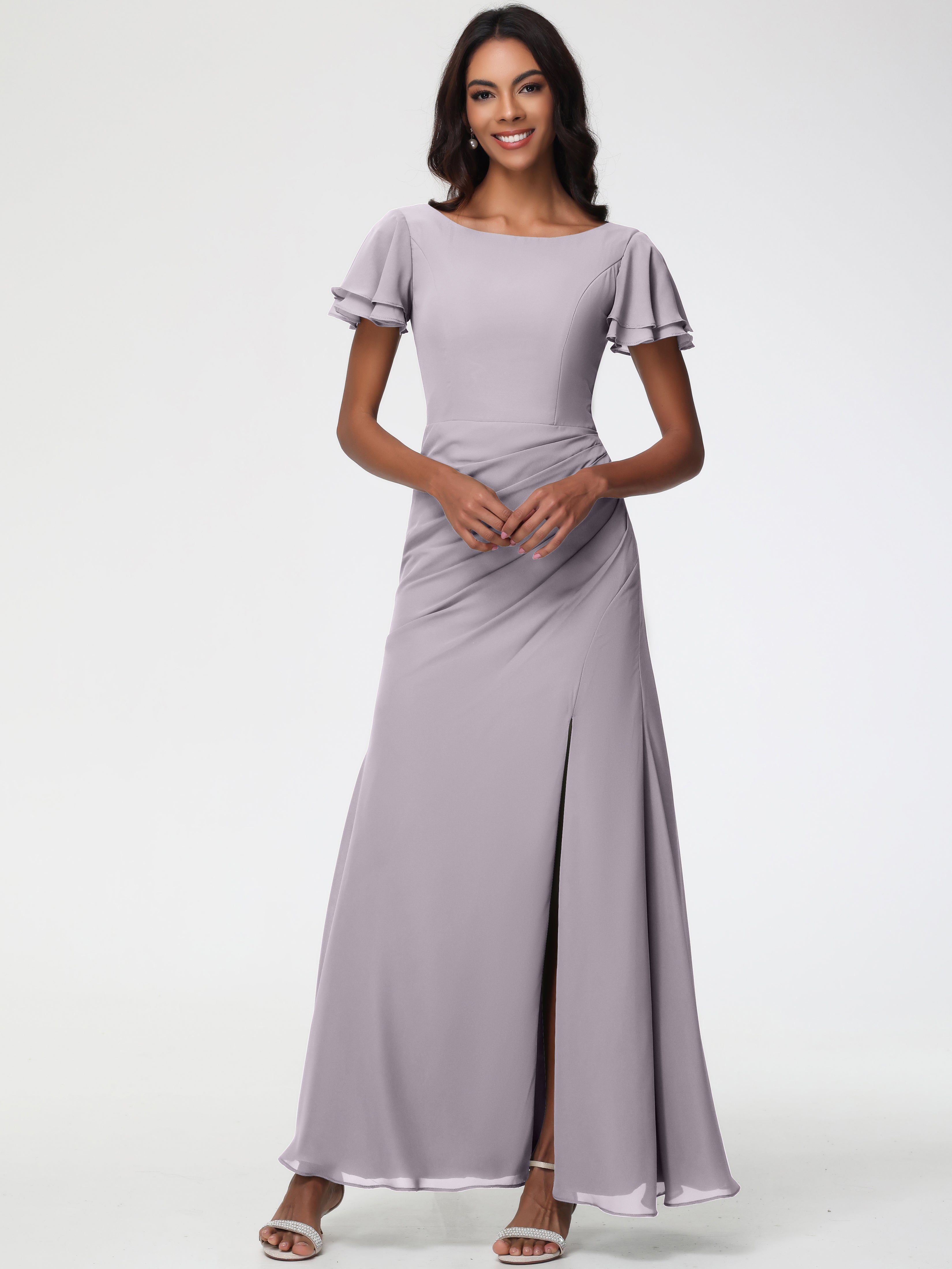 Sheath/Column Short Sleeves Split Long Chiffon Bridesmaid Dresses