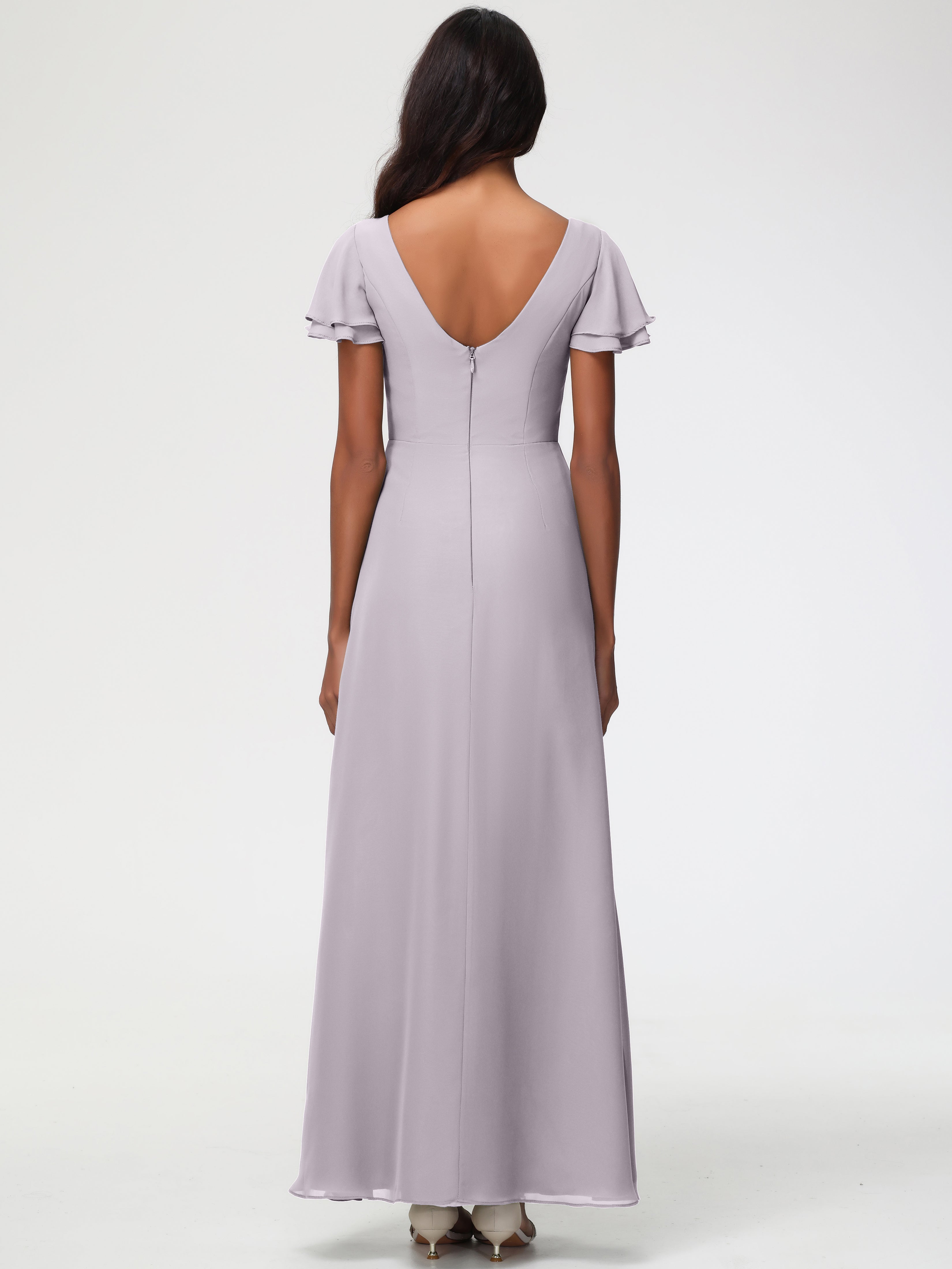 Sheath/Column Short Sleeves Split Long Chiffon Bridesmaid Dresses