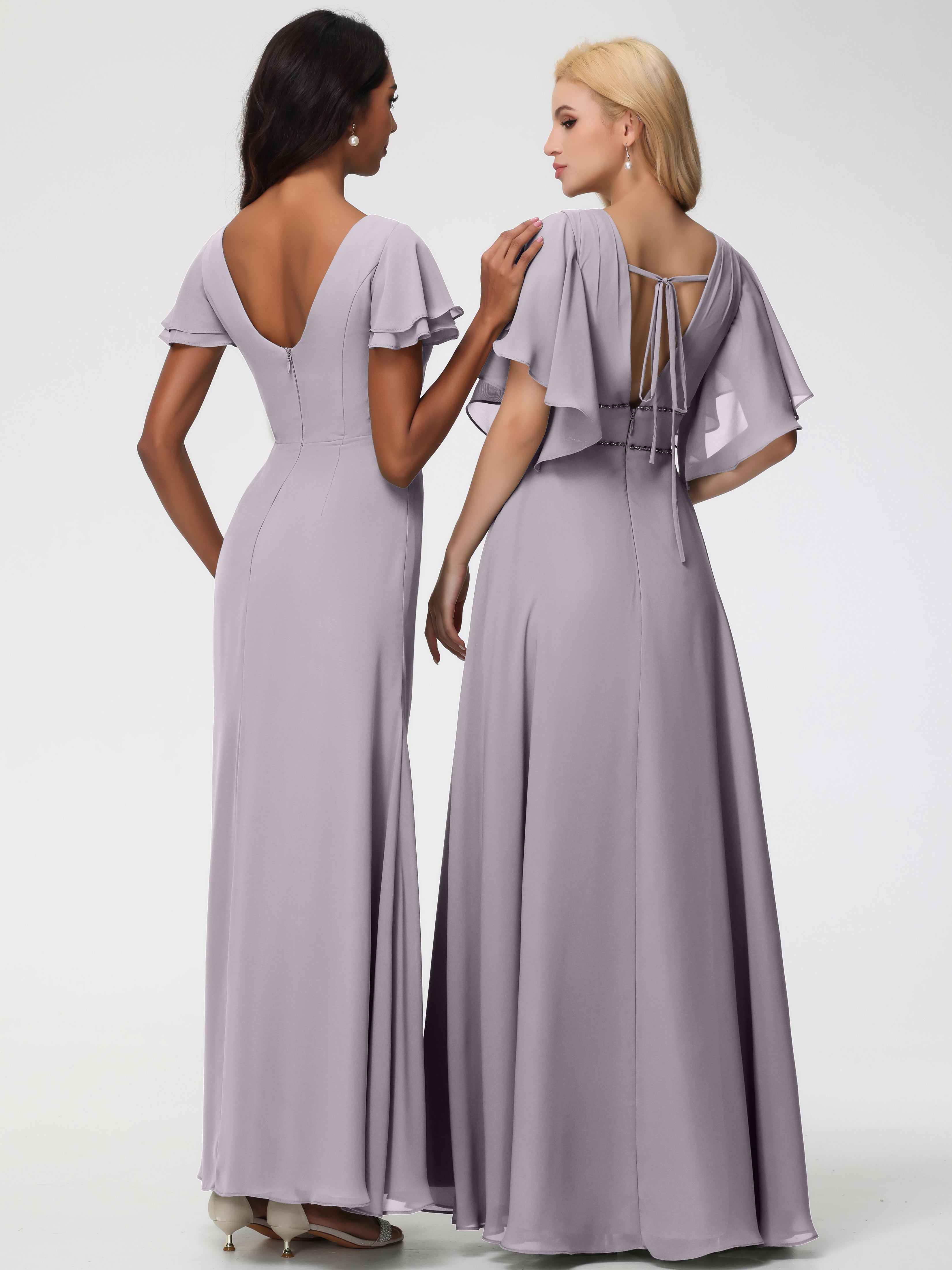 Sheath/Column Short Sleeves Split Long Chiffon Bridesmaid Dresses