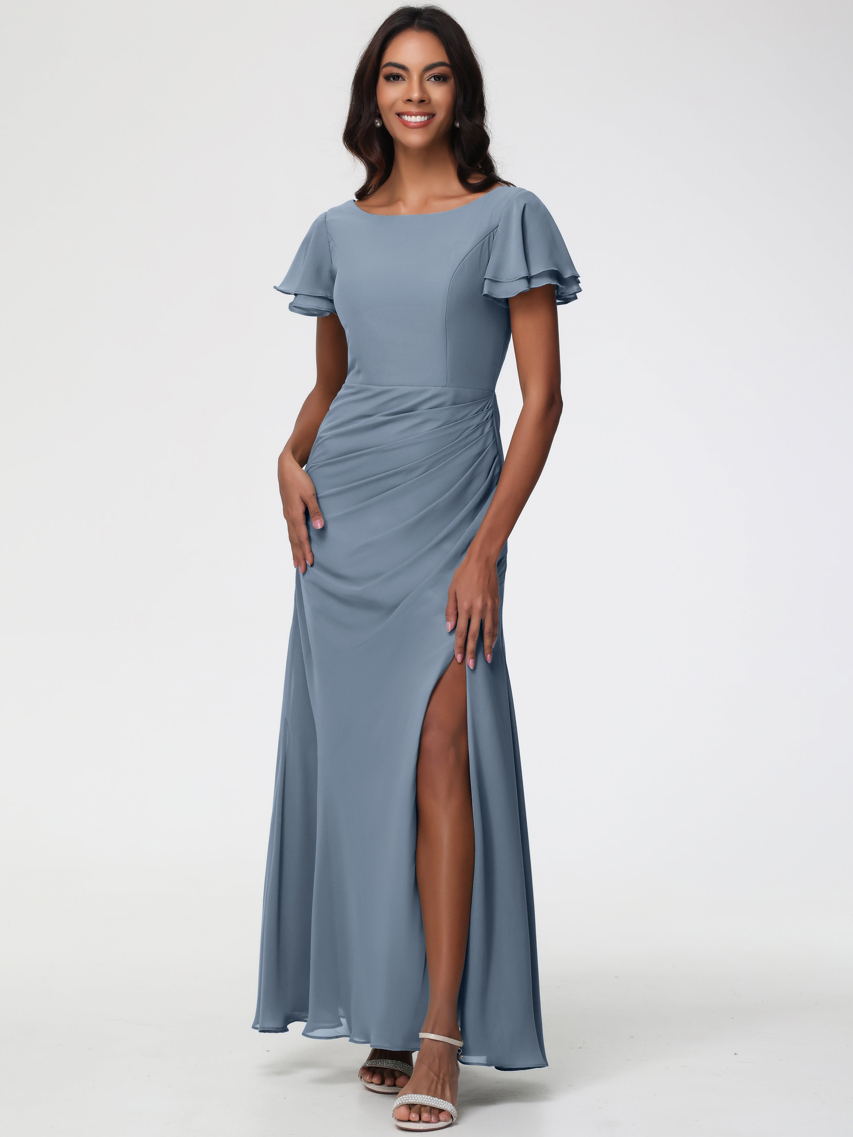 Sheath/Column Short Sleeves Split Long Chiffon Bridesmaid Dresses
